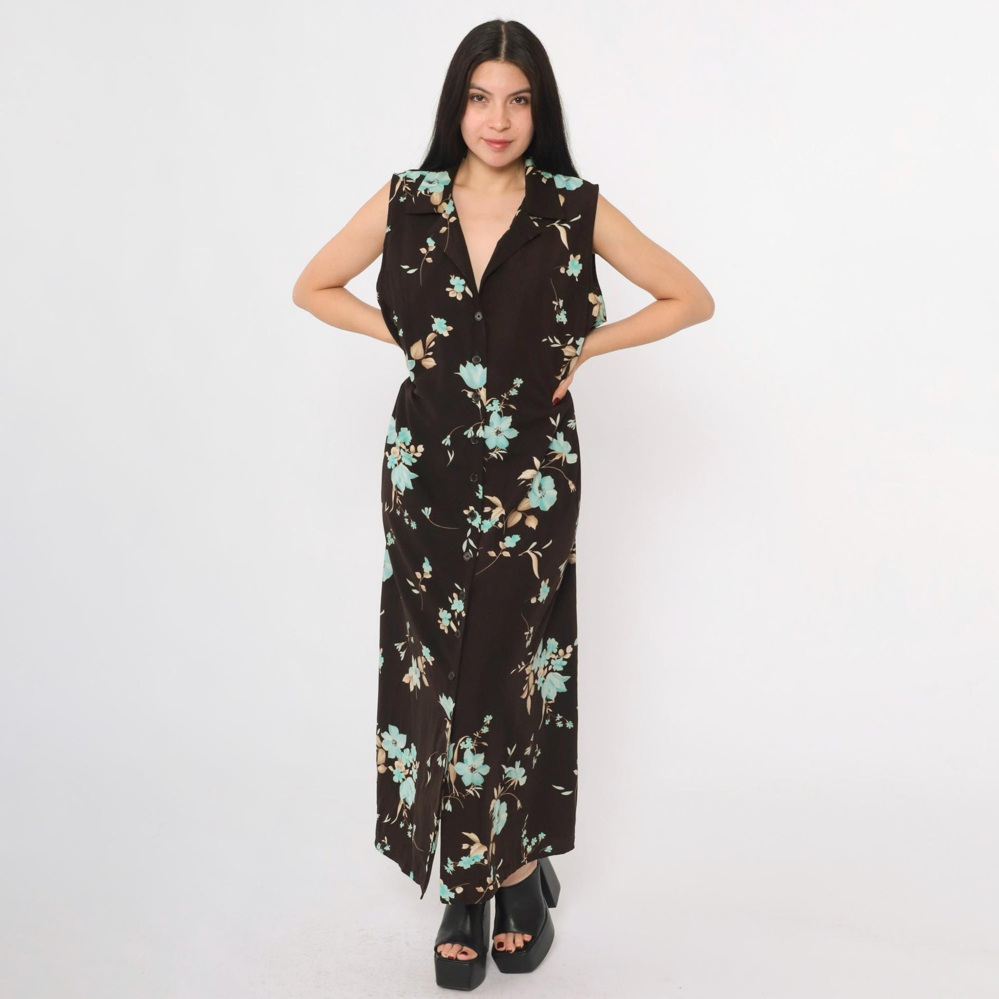 90s Studio I Brown Floral Maxi Dress Plus Size 18W Sleeveless Collared V-Neck