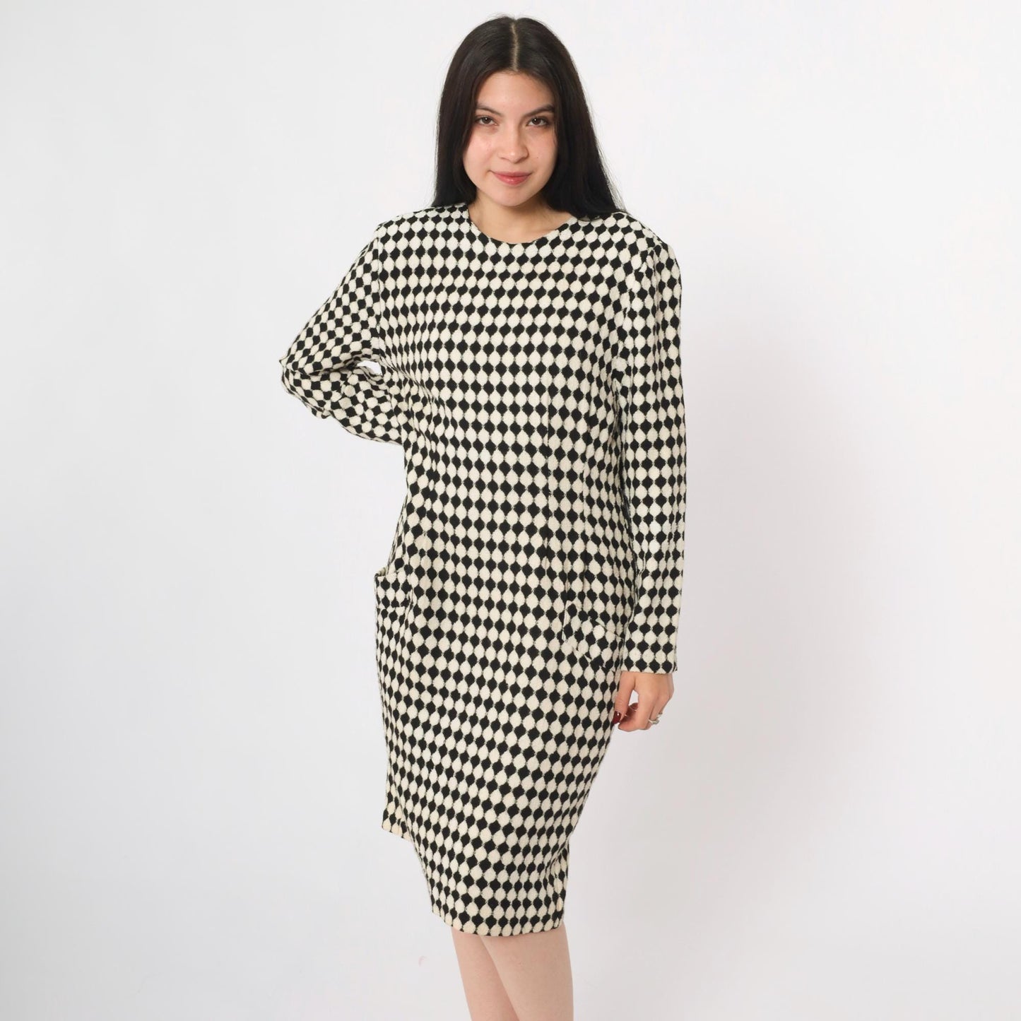 80s Jackie Bernard Black White Checkered Knee-Length Dress Medium