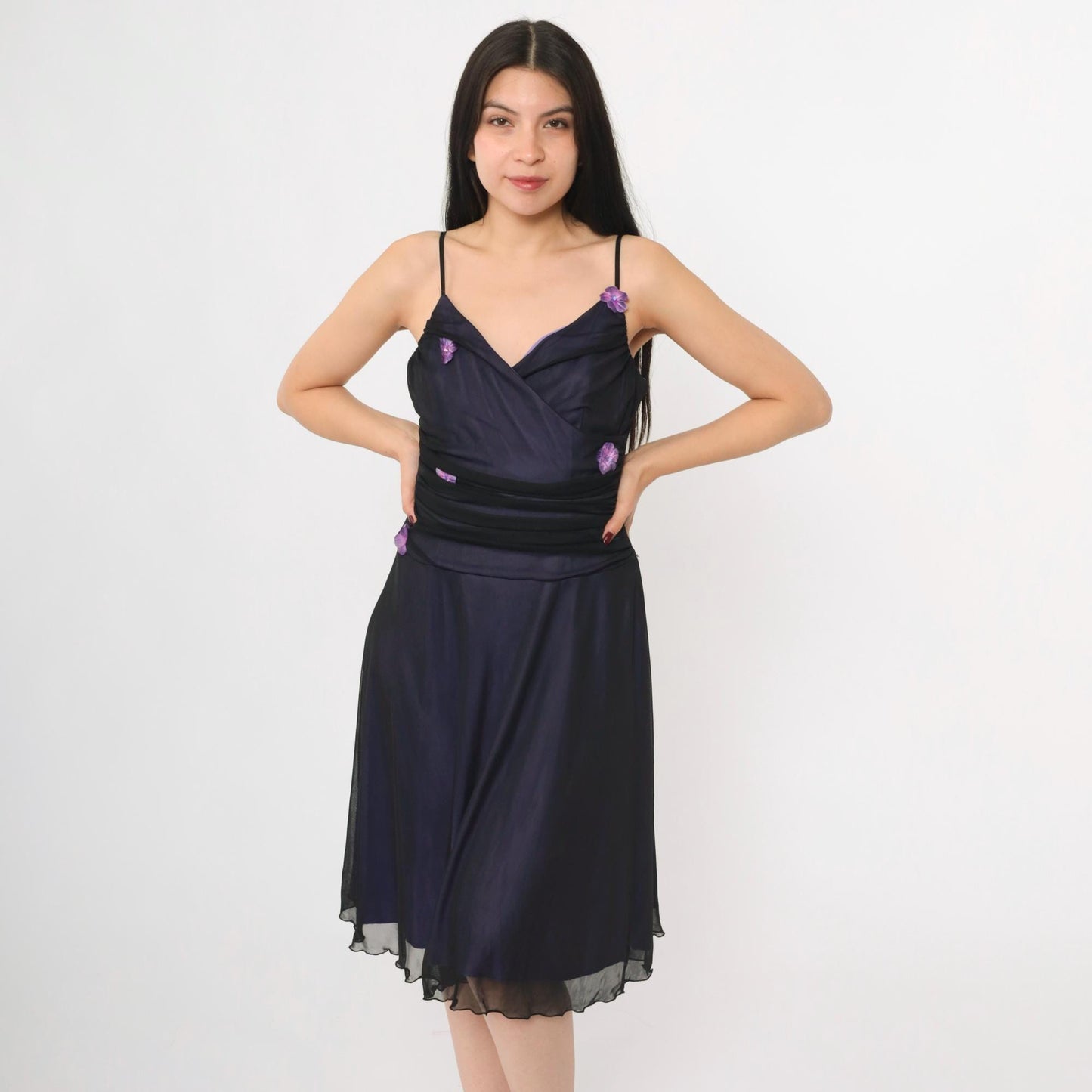 Y2K Purple Mesh Midi Dress Black Floral Applique Spaghetti Strap V Neck Medium