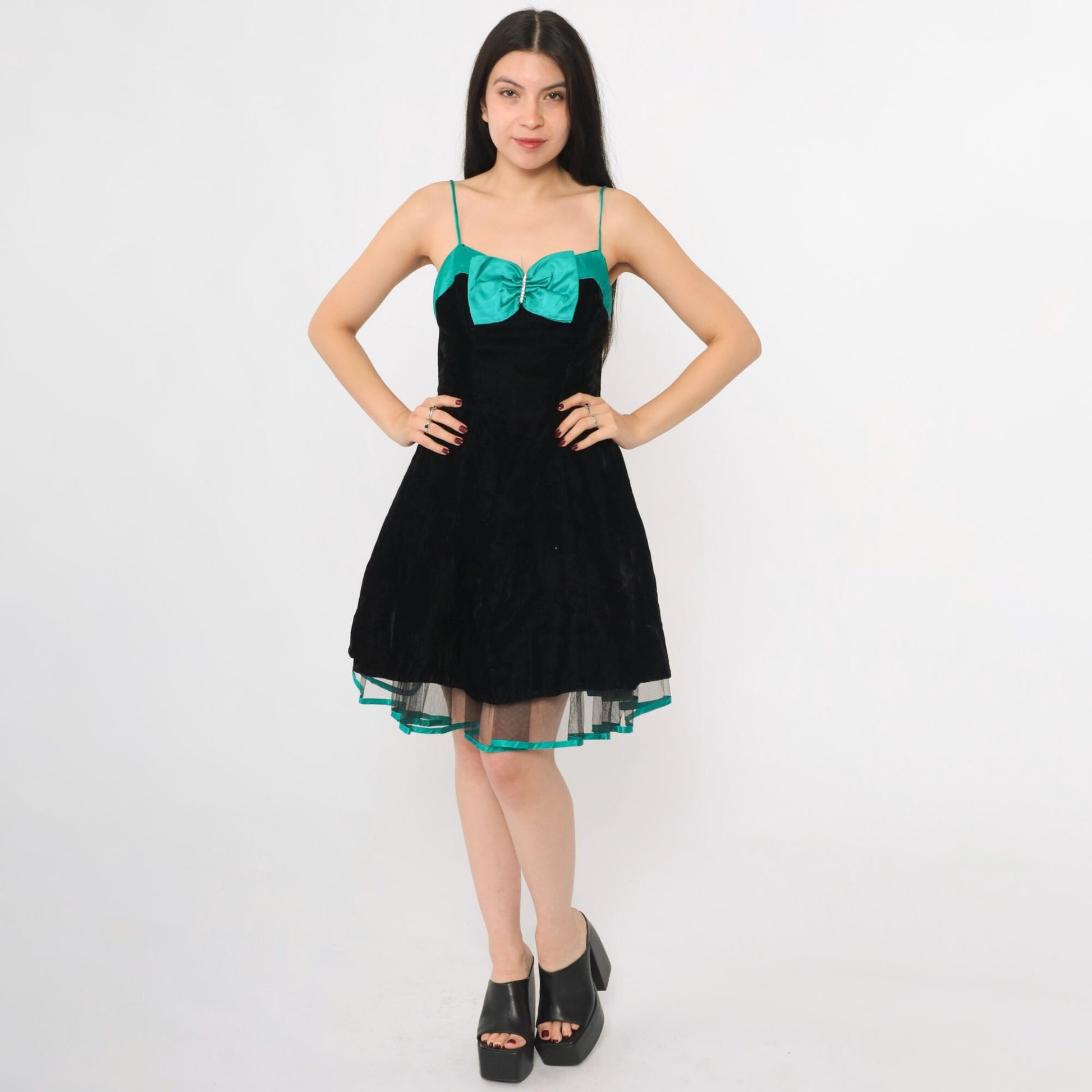 80s Black Velvet Mini Dress Teal Bow Sweetheart Neckline Spaghetti Strap Extra Small