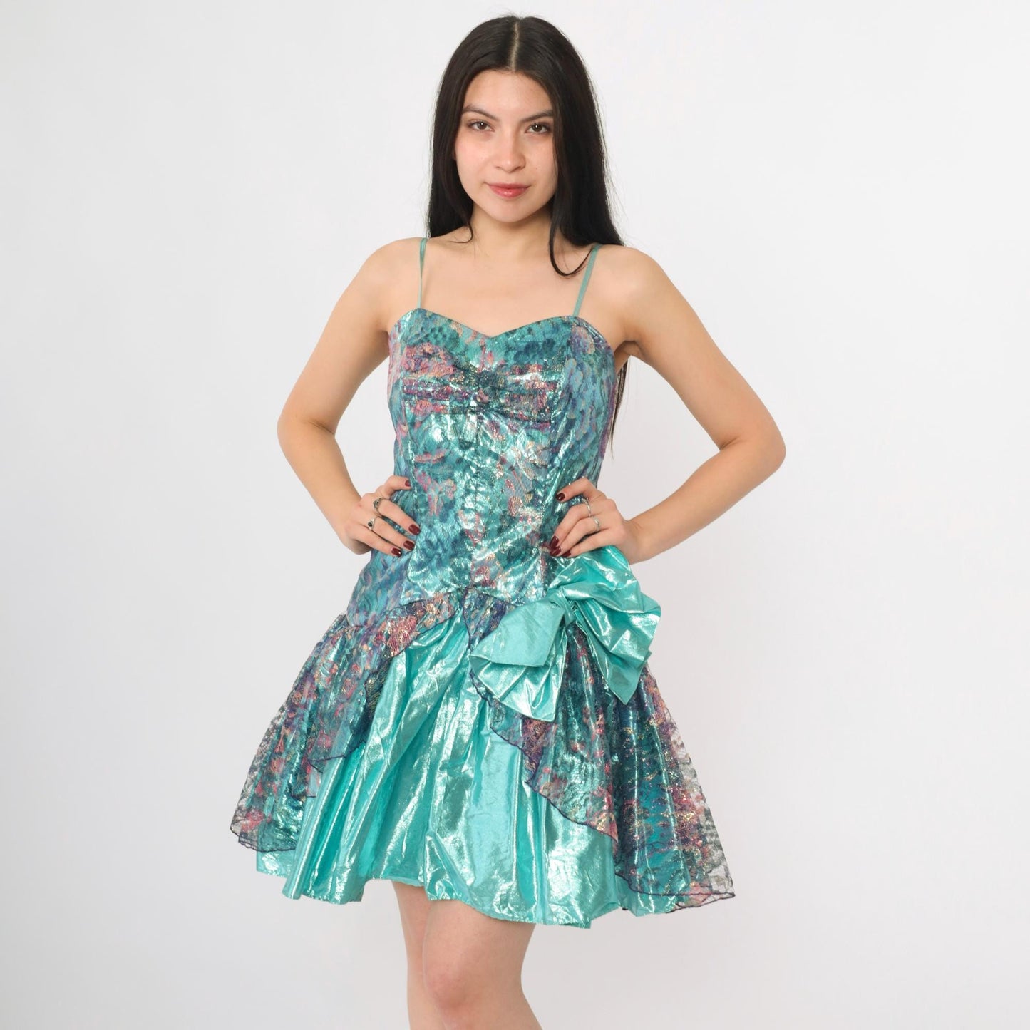 80s Teal Lamé Party Dress Sweetheart Neckline Metallic Lace Mini XS