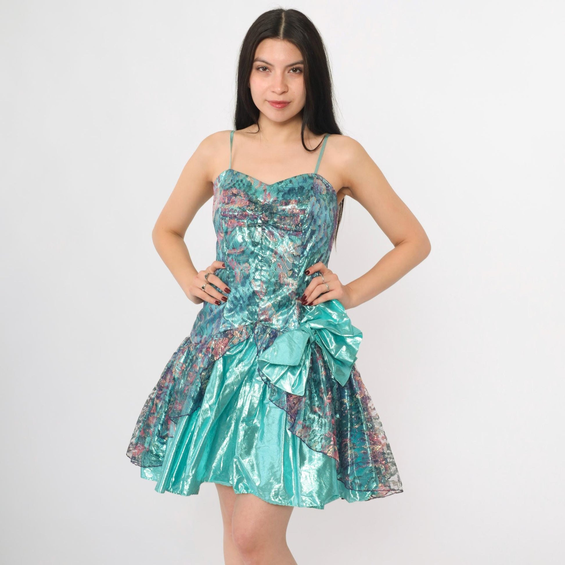 80s Teal Lamé Party Dress Sweetheart Neckline Metallic Lace Mini XS