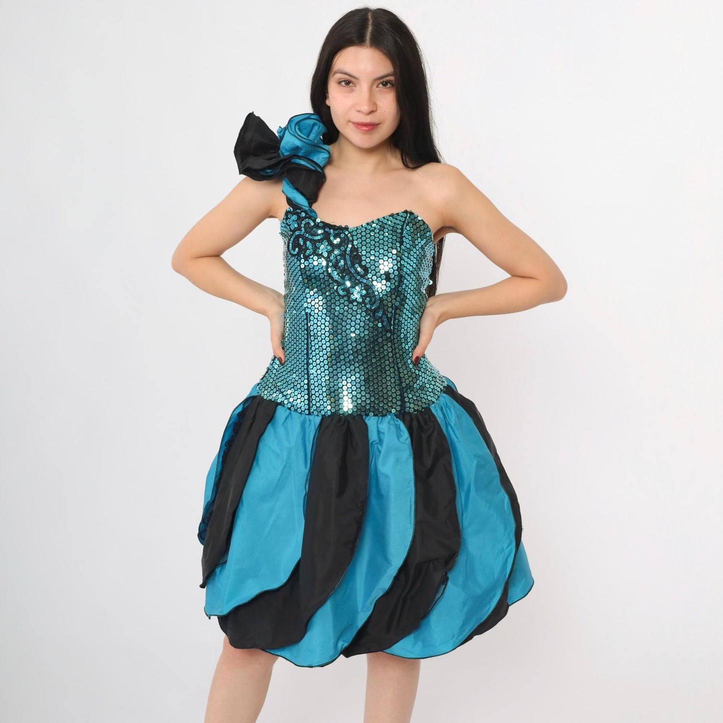 80s J Reynolds Designs Turquoise Sequin Strapless Dress Balloon Skirt Small