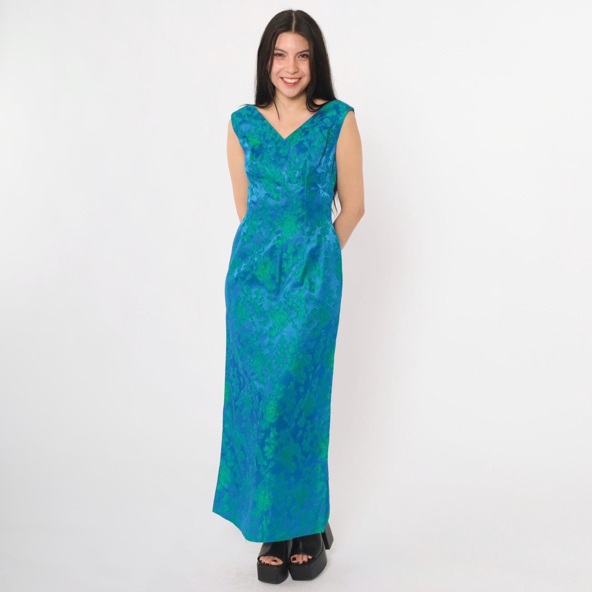 1960s Blue Green Floral Jacquard Maxi Dress V Neck Sleeveless Evening Gown Small