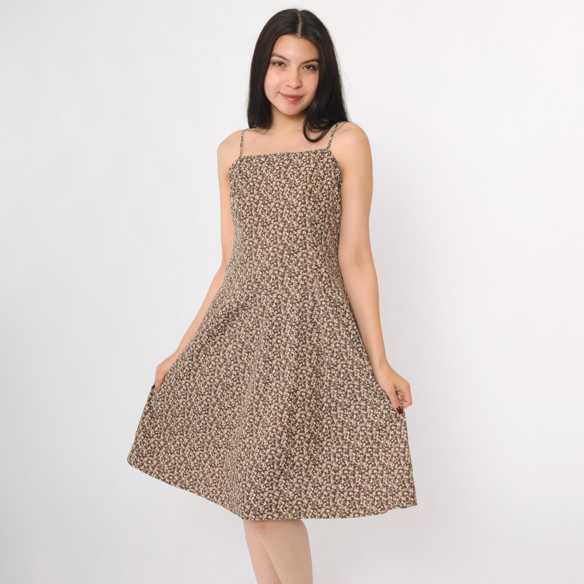 90s Brown Calico Floral A-Line Spaghetti Strap Dress Knee Length Medium