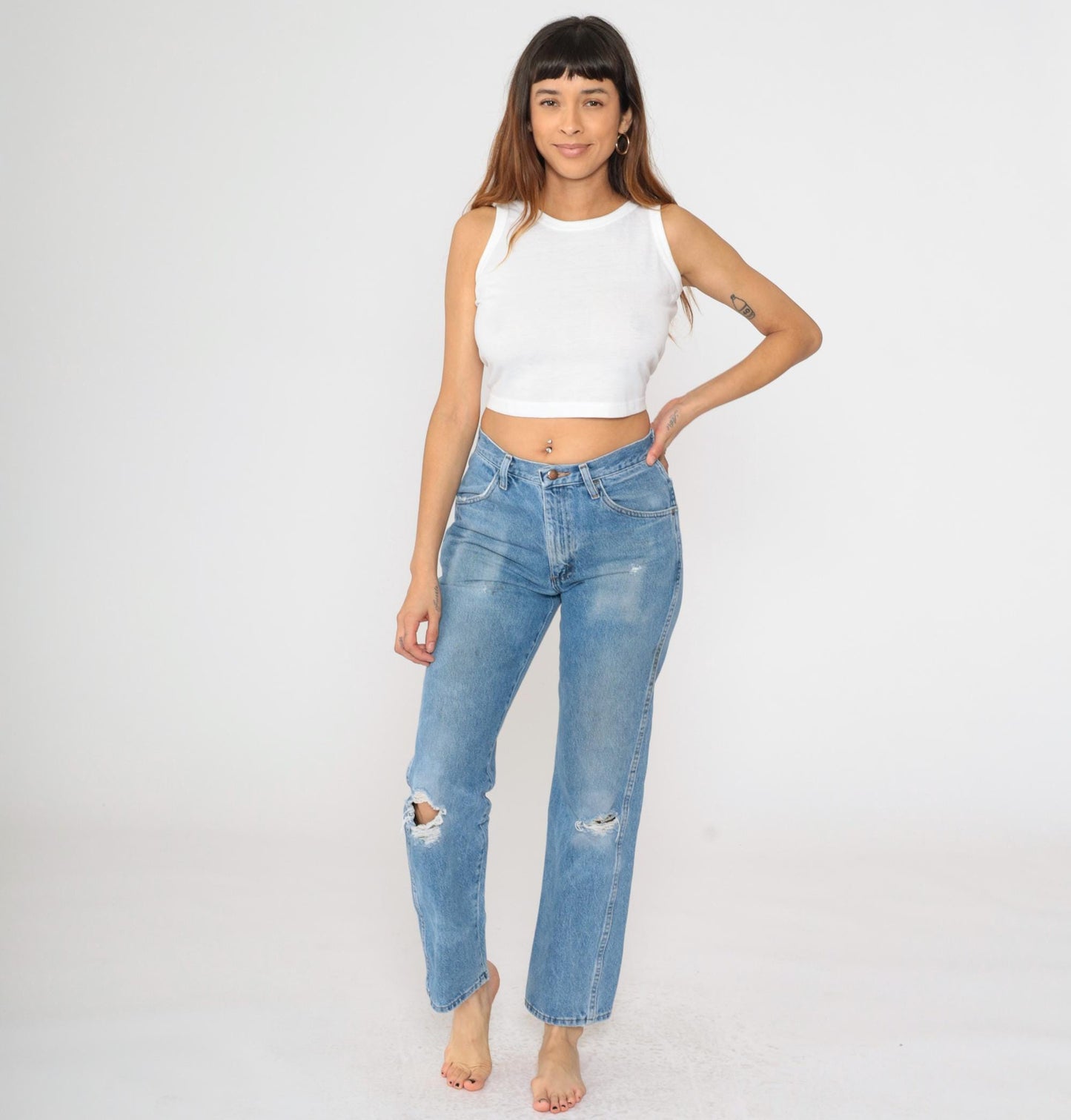 00s Rustler Faded Blue Straight Leg Jeans High Rise Ripped Small