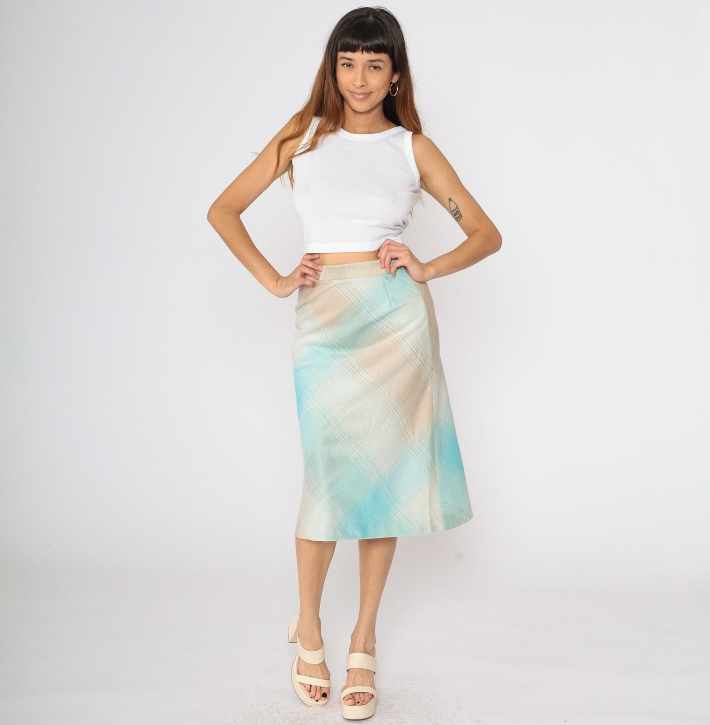 70s Plaid Midi Skirt High Waisted Turquoise Tan Peach Tartan Small XS