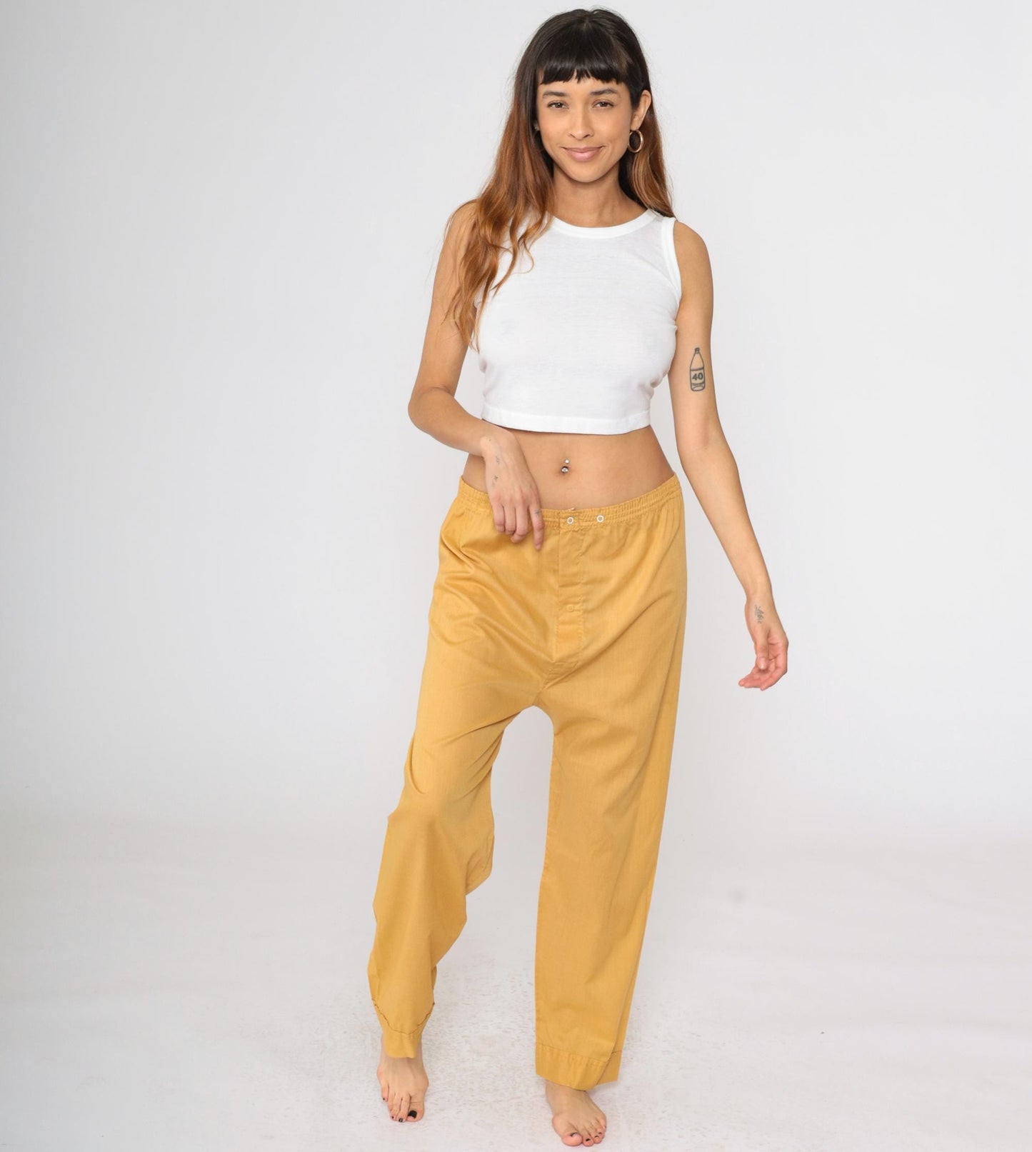 70s Mustard Yellow Pajama Pants Snap Waist Straight Leg Large L