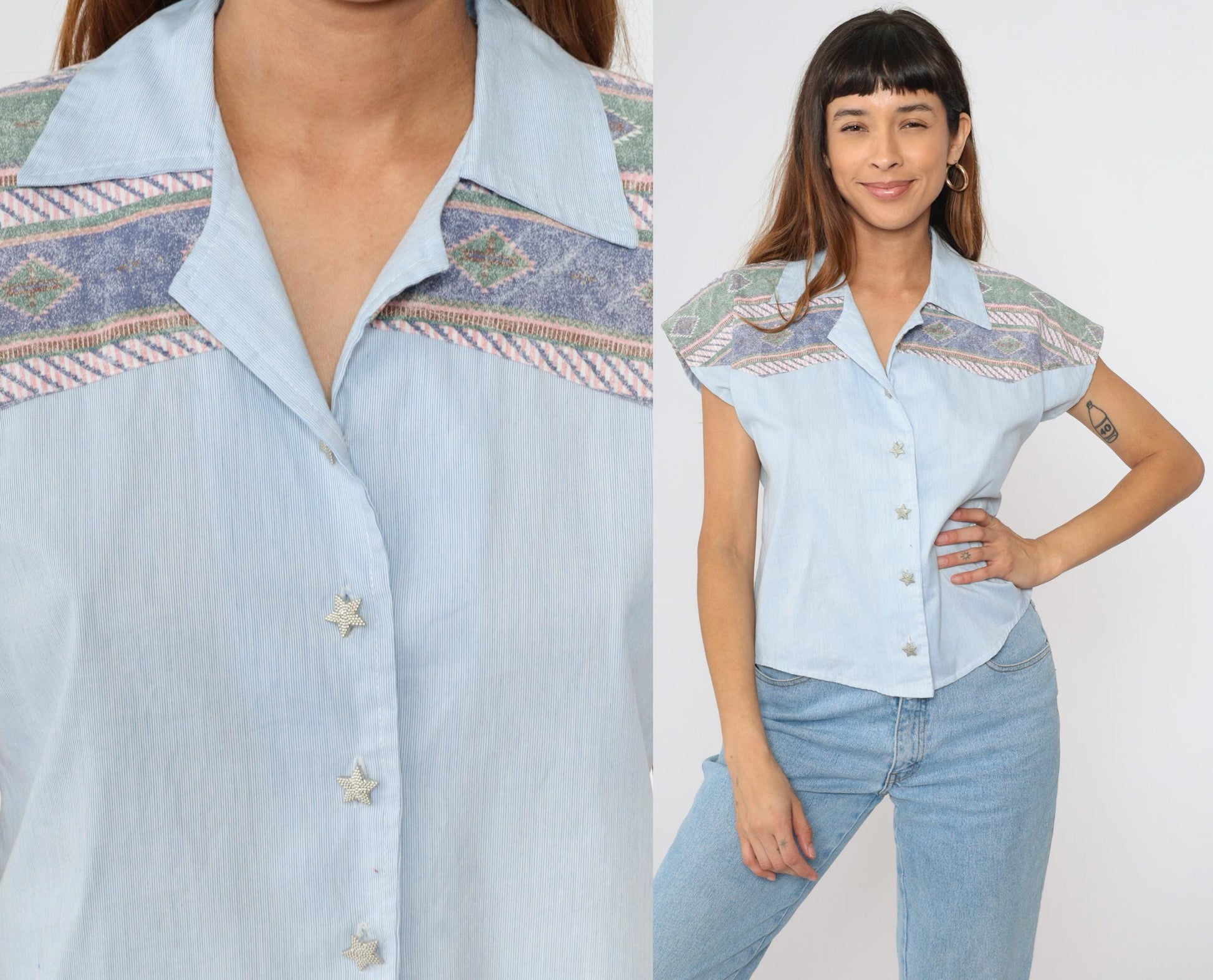 90s Southwestern Blue Striped Button-Up Blouse Star Print Cap Sleeve Medium