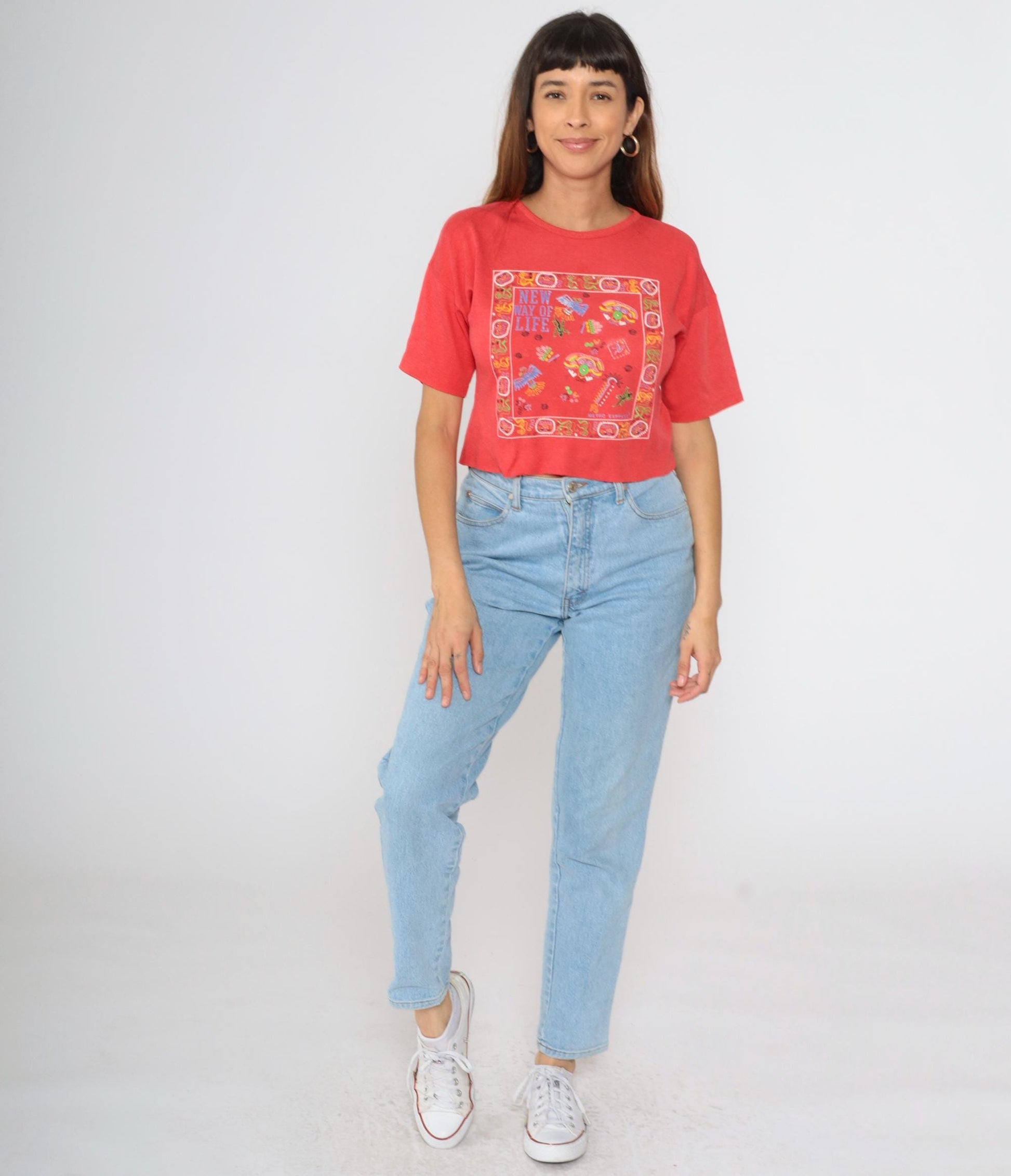 90s Mesoamerican Graphic Crop Tee Red Abstract Birds Masks Extra Small XS