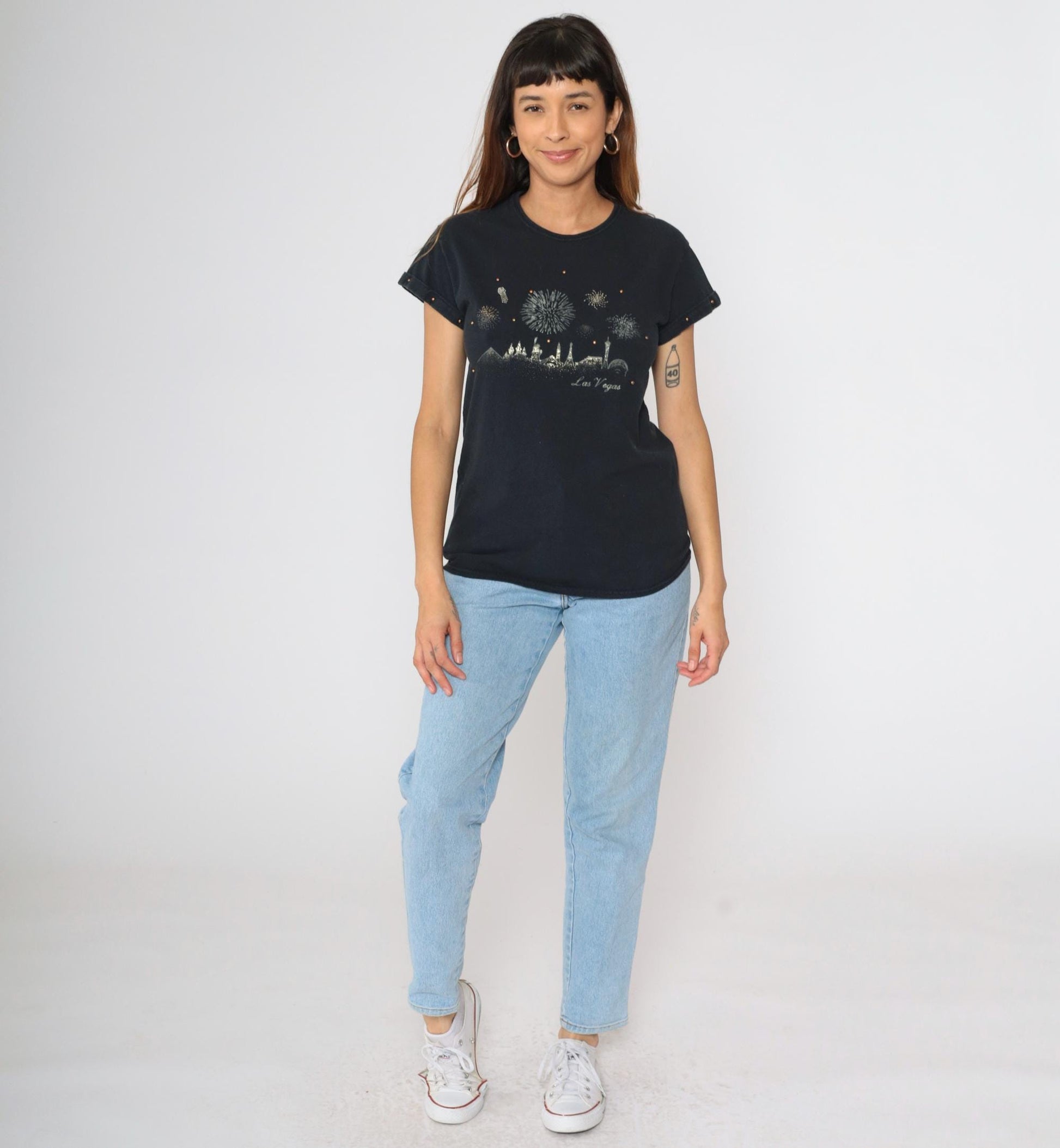 90s Las Vegas Fireworks Graphic T-Shirt Studded Metallic Black Small S