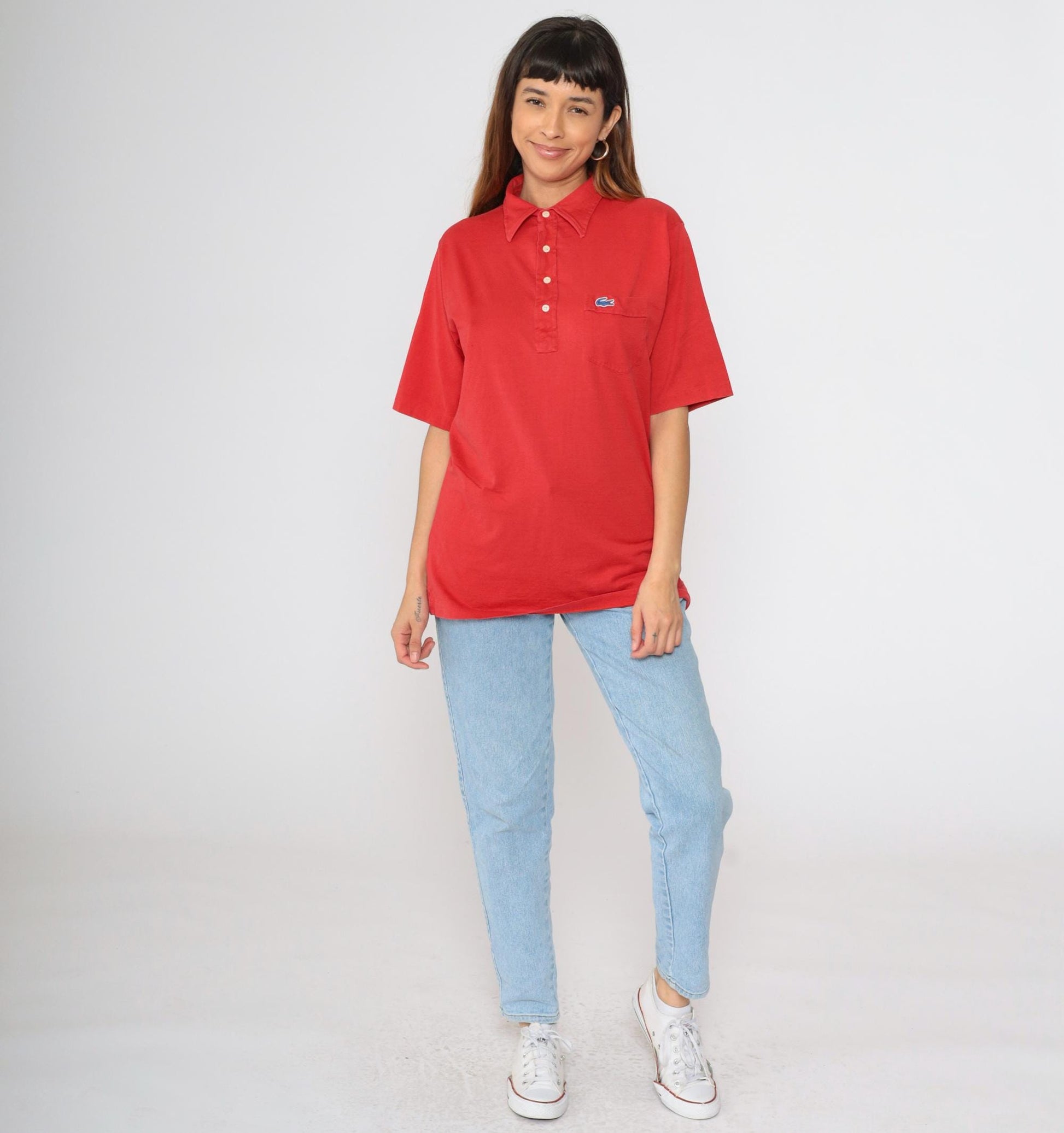 80s Lacoste Izod Polo Shirt Red Crocodile Logo Cotton Medium