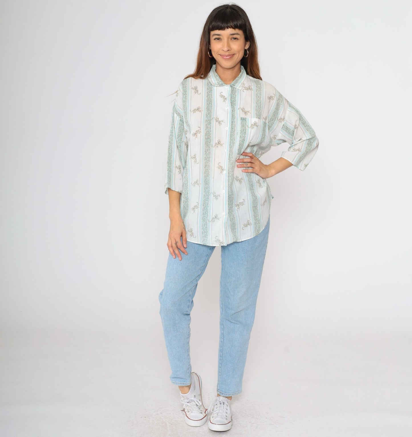 80s Leopard Striped Button-Up Blouse White Blue 3/4 Sleeve Large