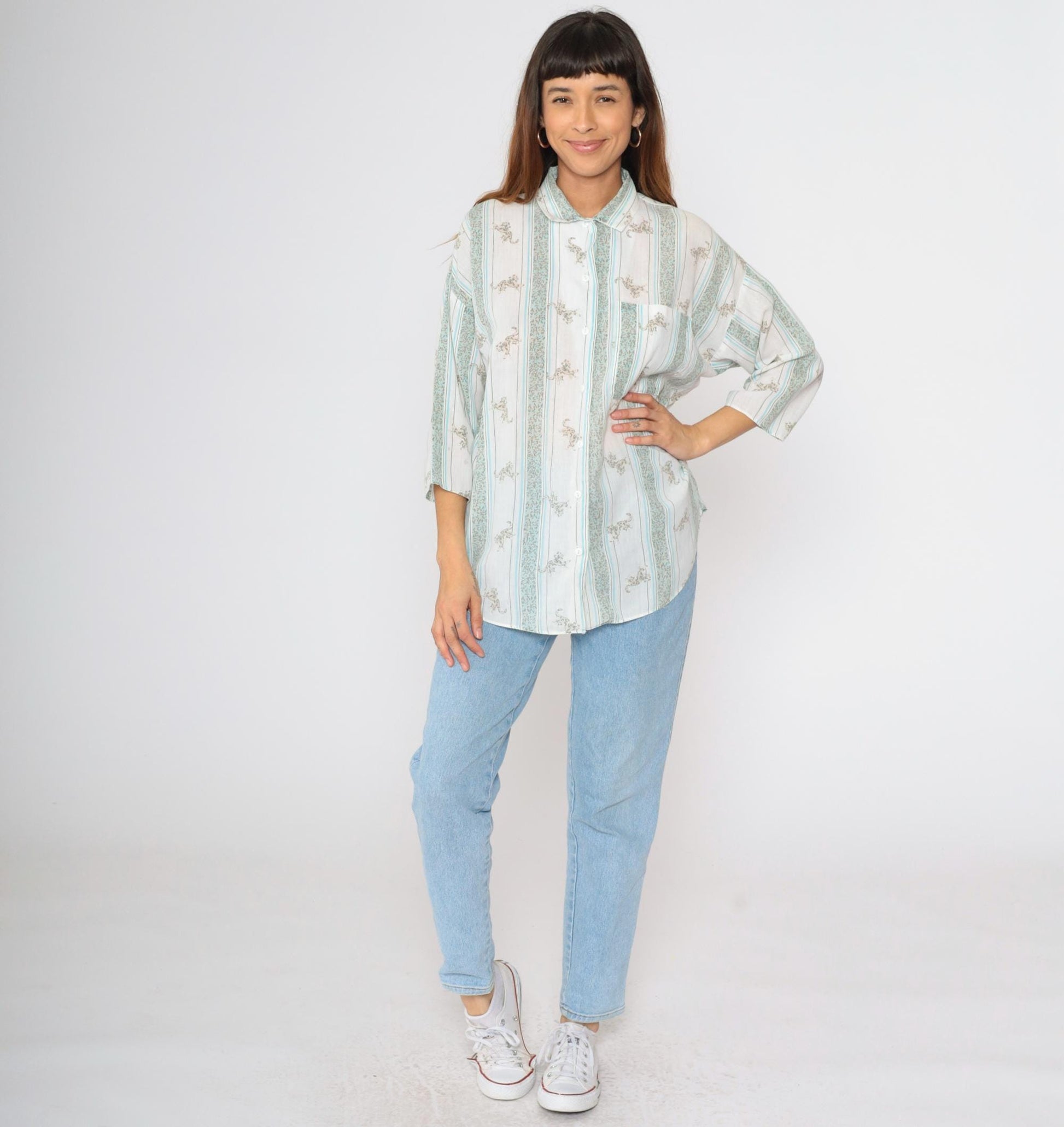 80s Leopard Striped Button-Up Blouse White Blue 3/4 Sleeve Large