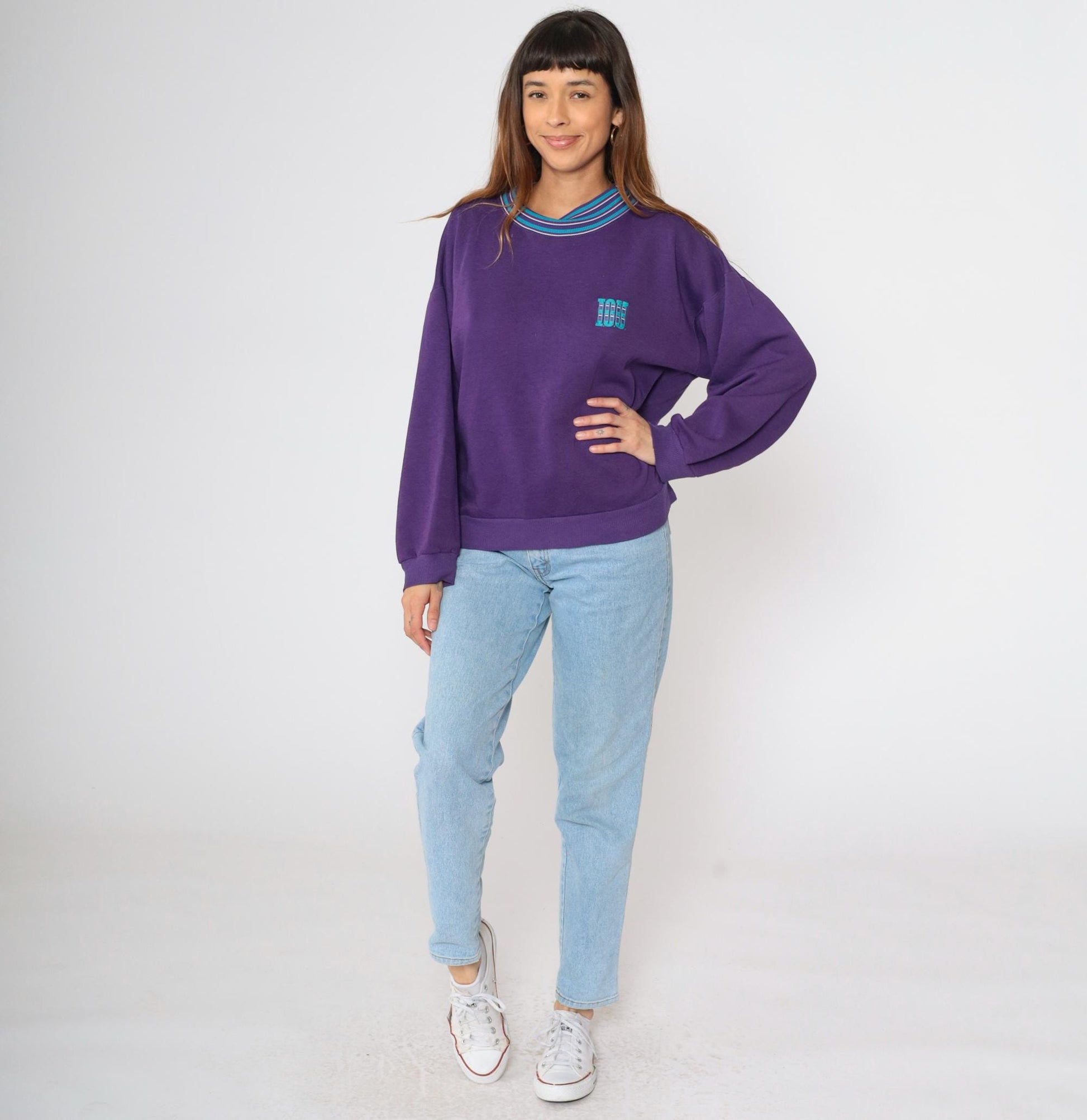 90s I.O.U. Spellout Sweatshirt Purple Striped Collar Graphic Pullover Large