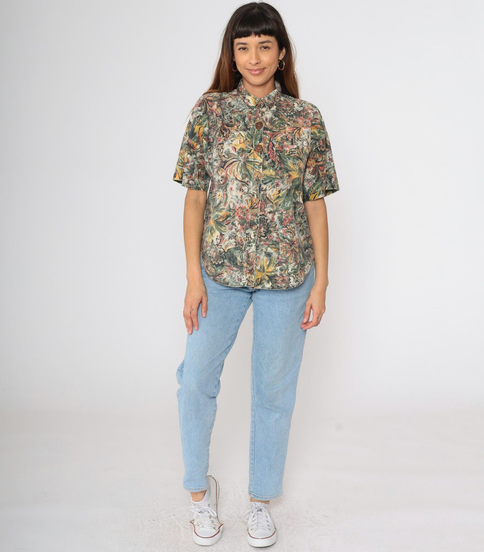 90s Tropical Jungle Print Button-Up Shirt Green Yellow Pink Cotton Large