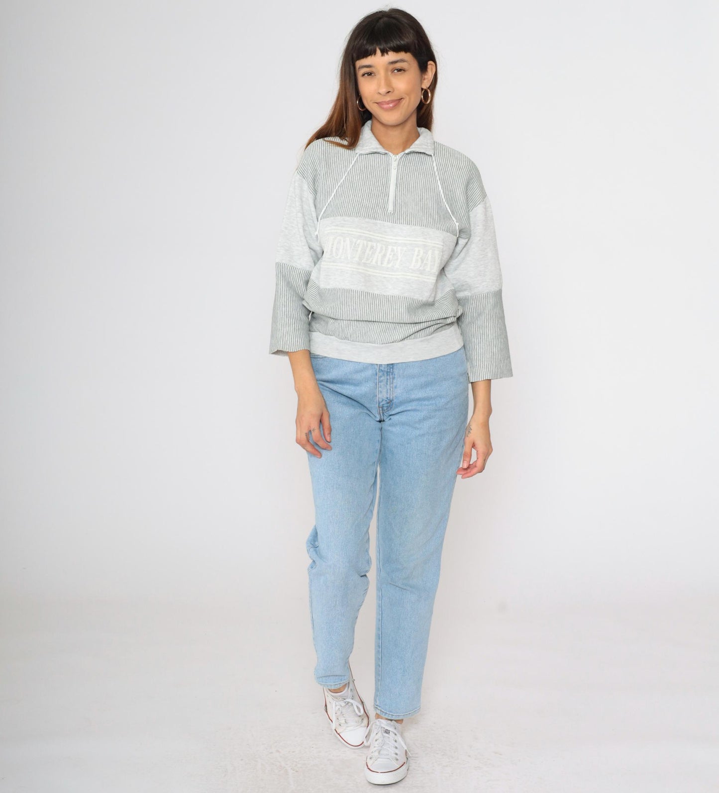 90s Monterey Bay Sweatshirt Grey Striped Quarter Zip Pullover Medium