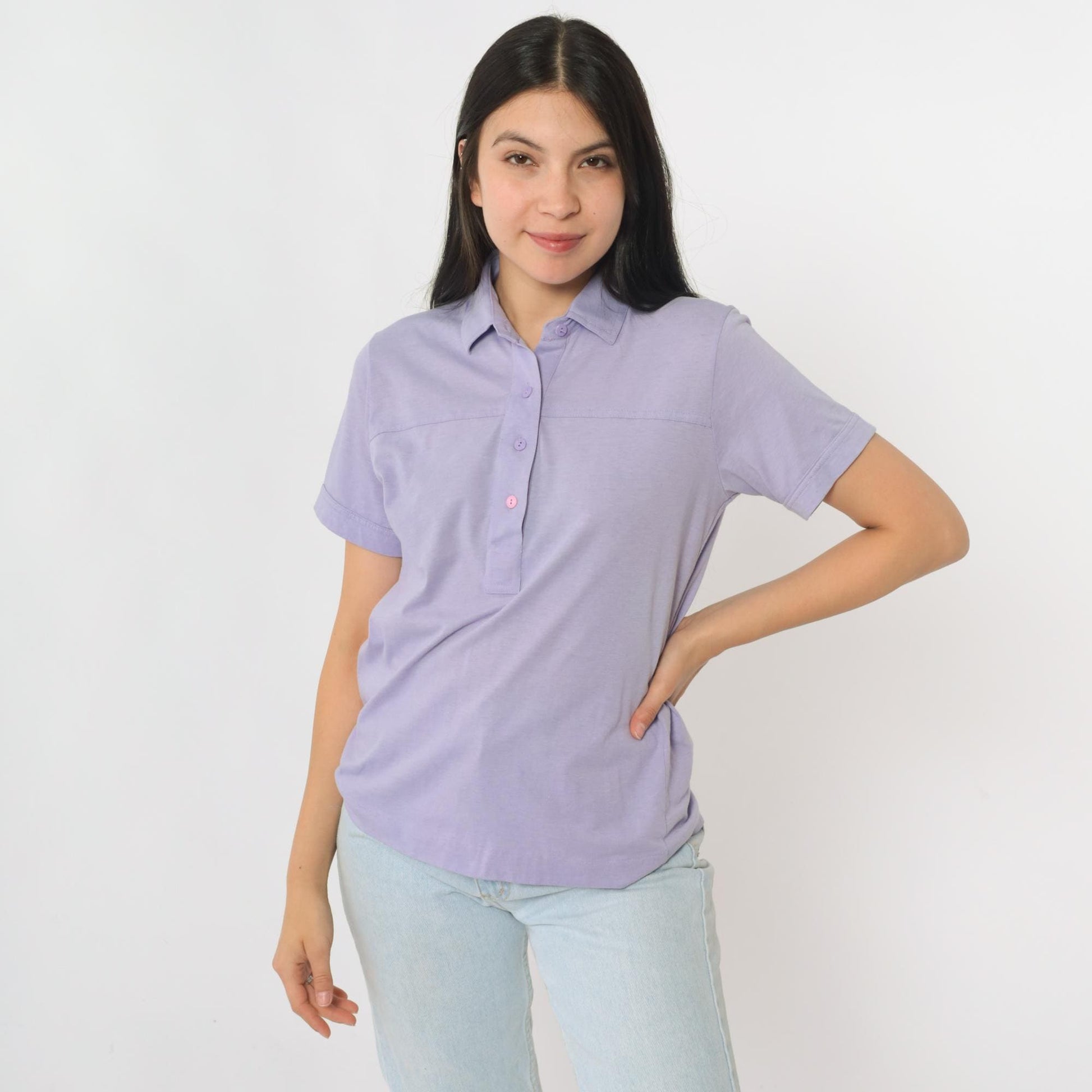 80s Lavender Polo Shirt Leon Levin Button Up Short Sleeve Medium