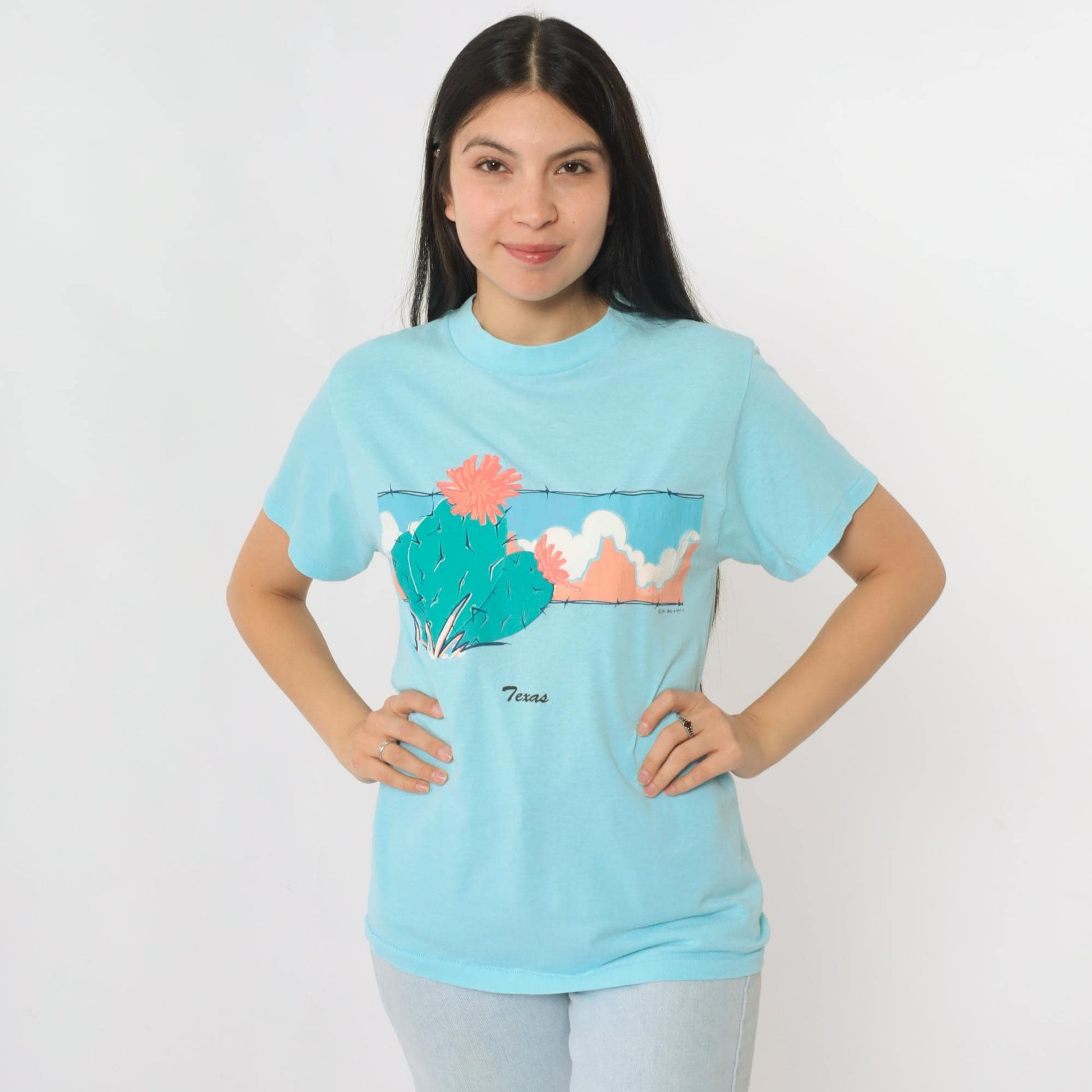 90s Texas Cactus Graphic T-Shirt Blue Single Stitch Crewneck Small