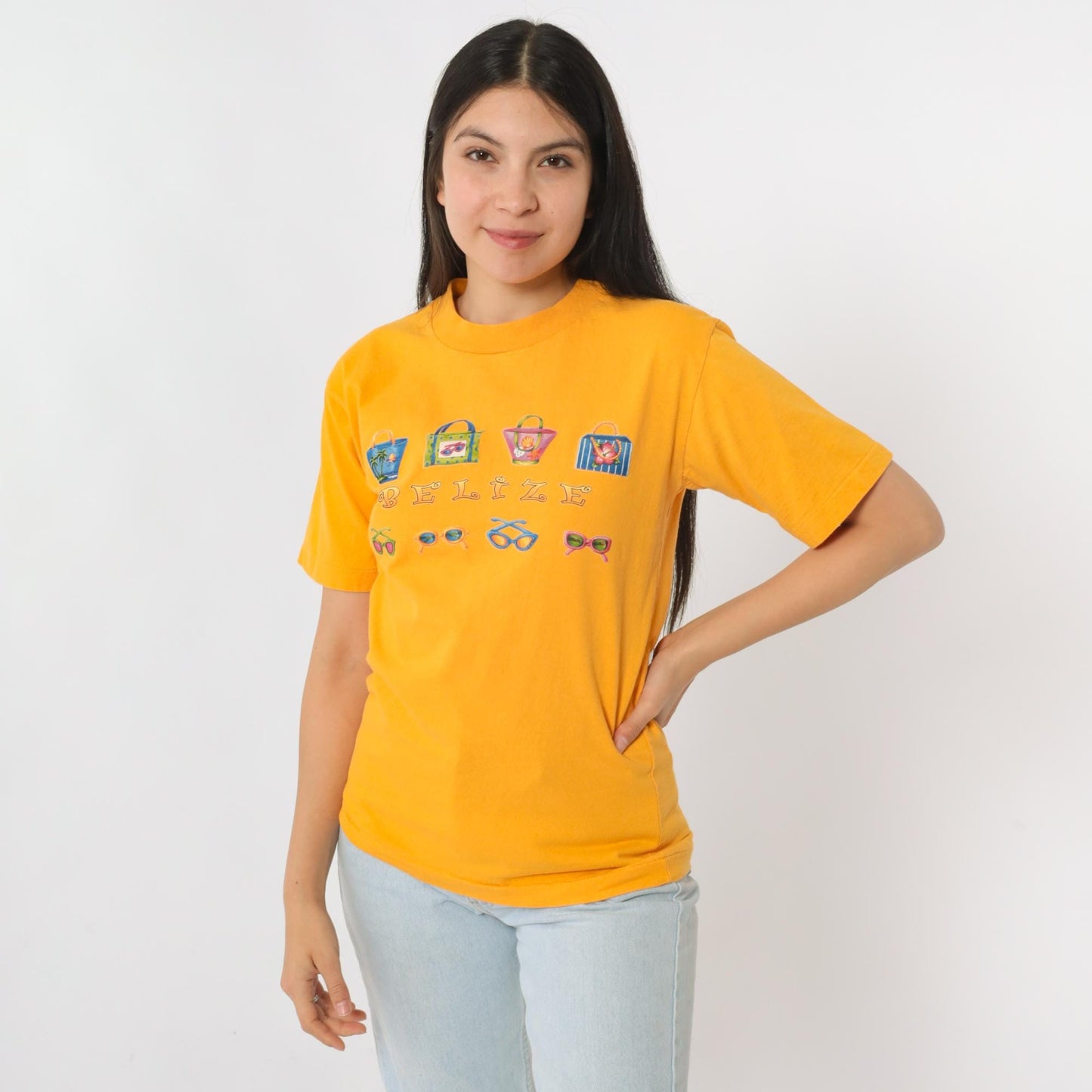90s Belize Sunglasses Graphic T-Shirt Yellow Cotton Crewneck Extra Small