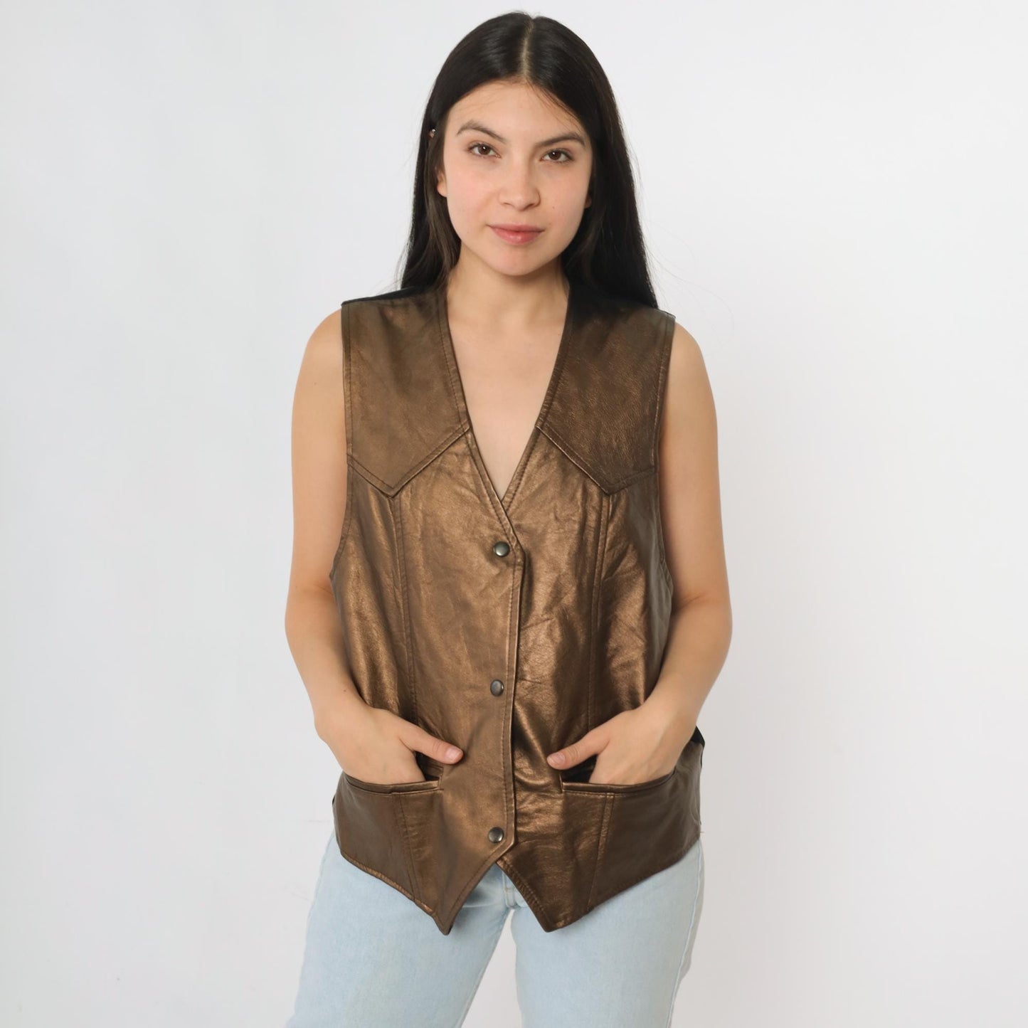 90s Metallic Copper Faux Leather Snap Vest Sleeveless Small S