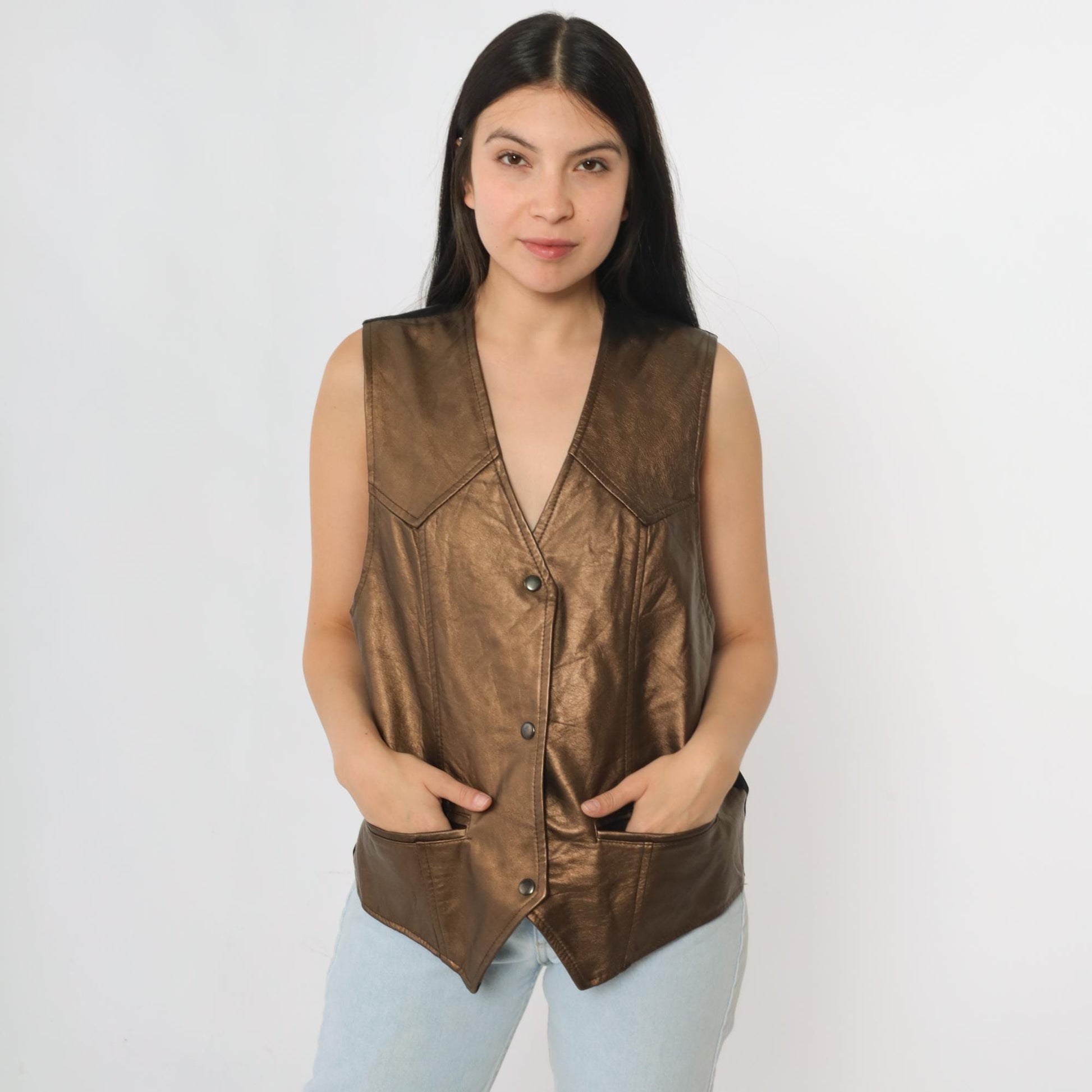 90s Metallic Copper Faux Leather Snap Vest Sleeveless Small S