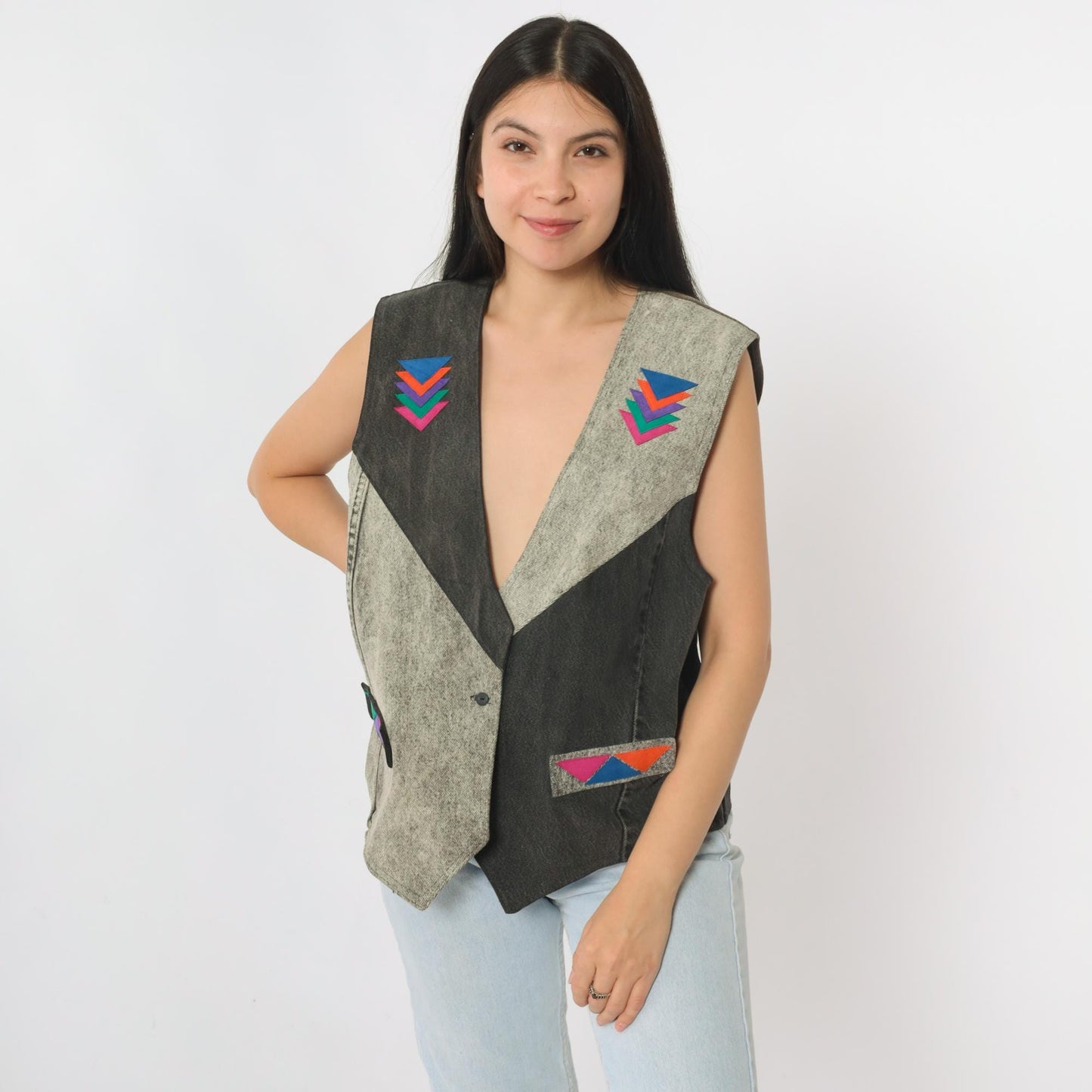 90s Southwestern Denim Vest Acid Wash Grey Black Deep V Neck Medium M