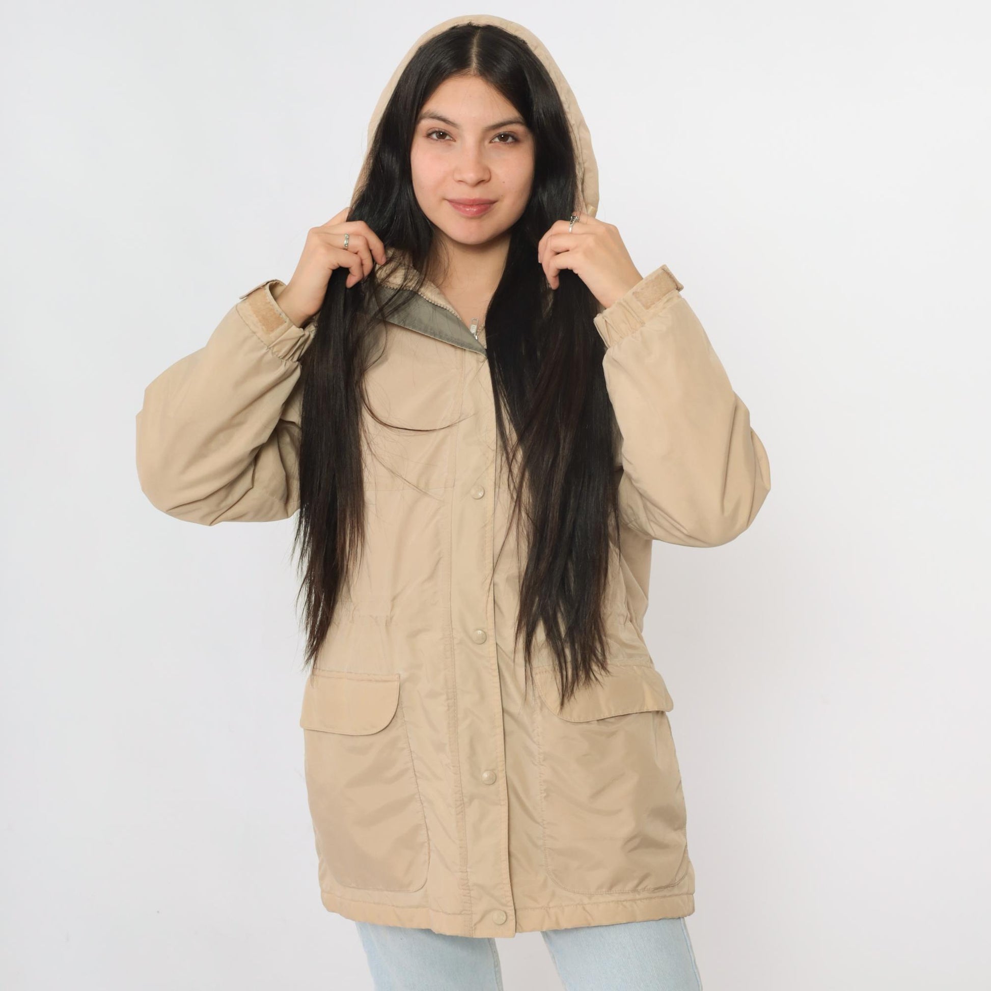 90s Northern Reflections Tan Hooded Windbreaker Floral Embroidered Fleece Lined Small
