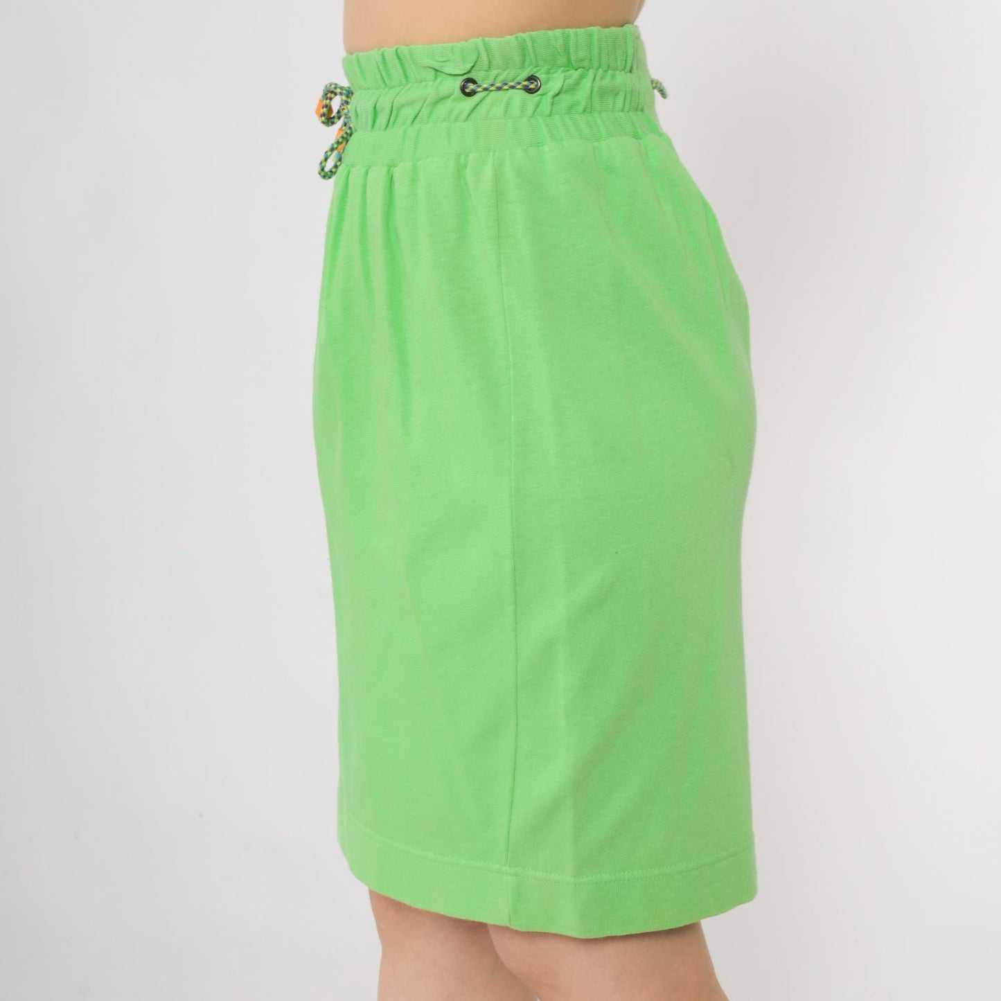 90s Lime Green Mini Skirt Drawstring Waist Cotton Small S