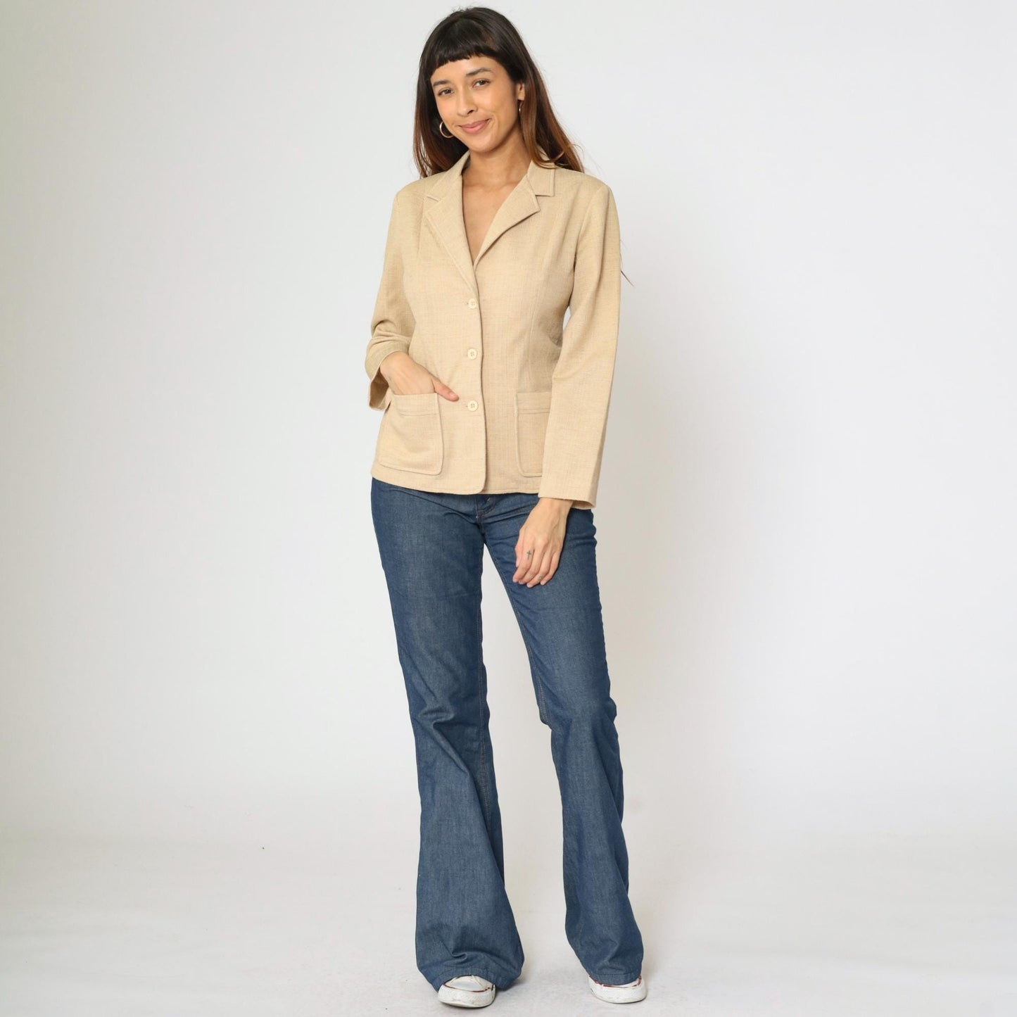 70s Beige Polyester Blazer Button-Up Jacket Deep V Neck Small