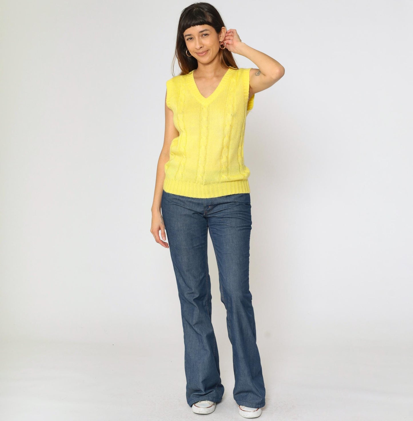 80s Yellow Cable Knit Sweater Vest V Neck Sleeveless Pullover Extra Small