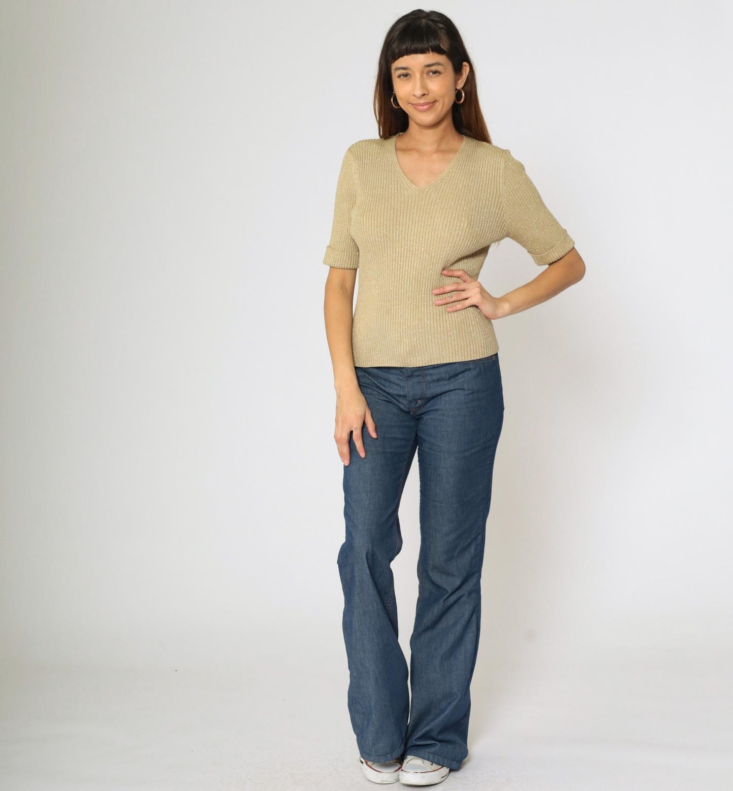 90s Kathie Lee Gold Sparkly Knit Top Short Sleeve V Neck Medium