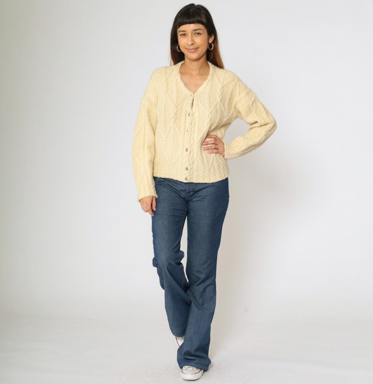 80s Gusto Wool Cable Knit Cardigan Cream Button-Up V-Neck Small