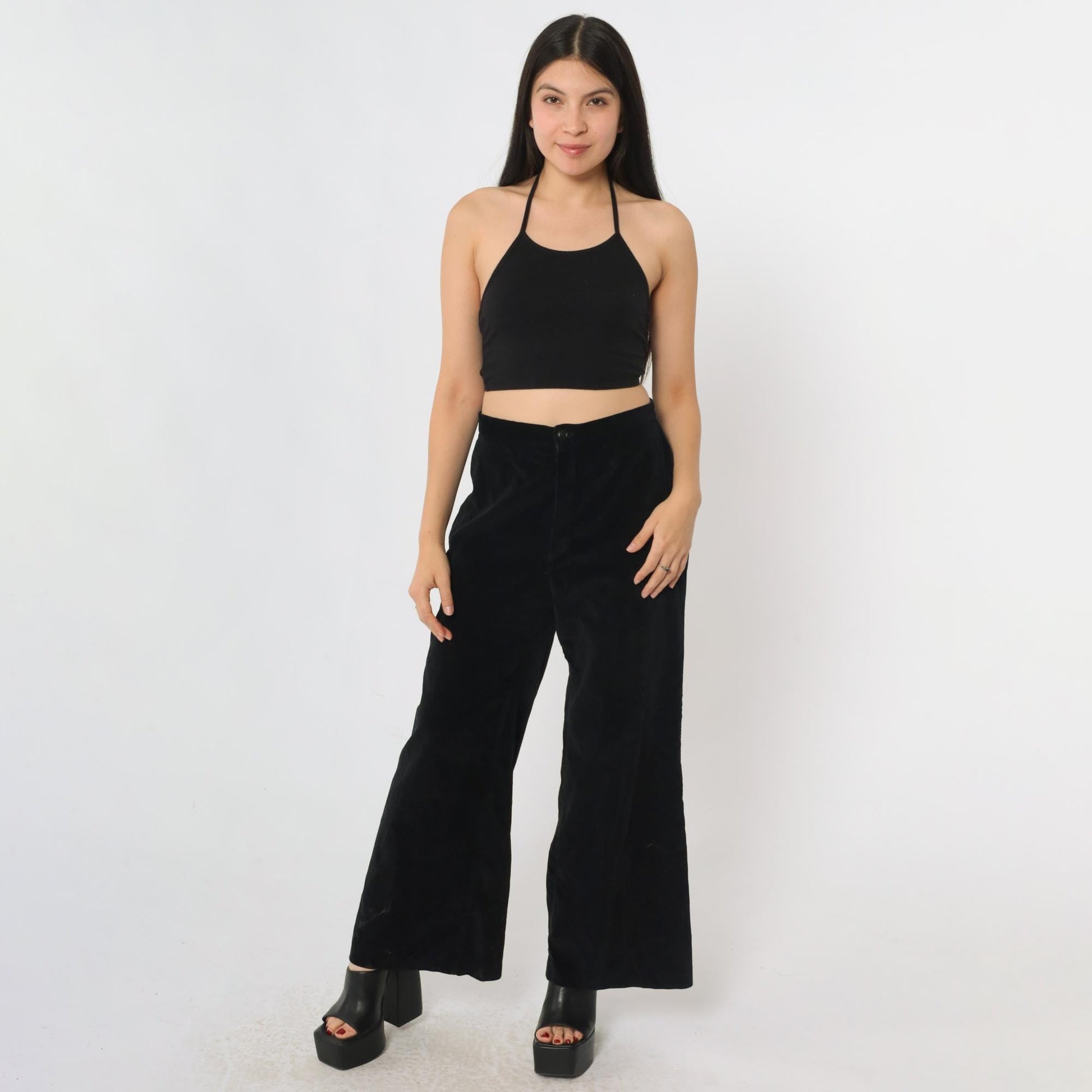 70s Black Velvet Bell Bottom Pants High Rise Wide Leg Small