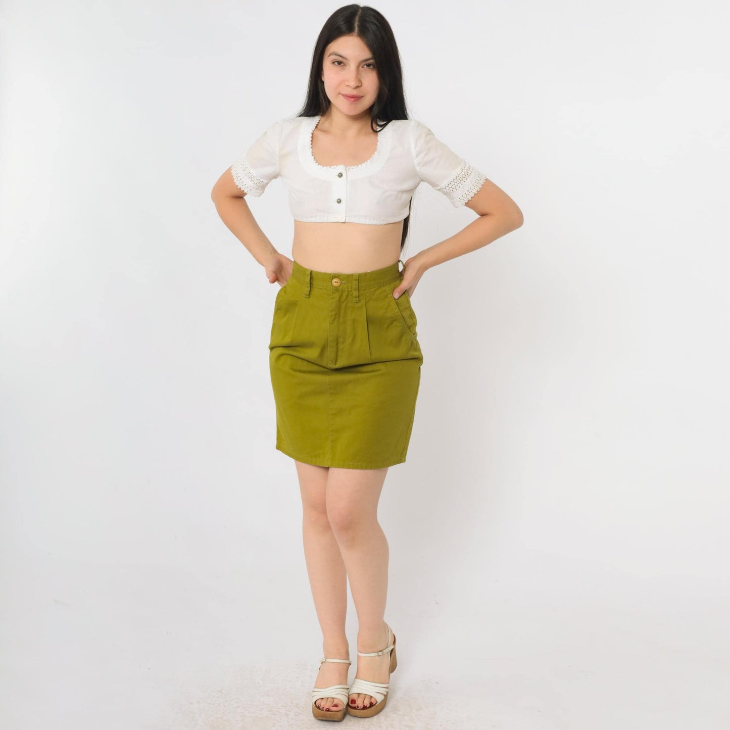 90s Esprit Sport Olive Green Cotton Pencil Skirt High Waist Mini Extra Small