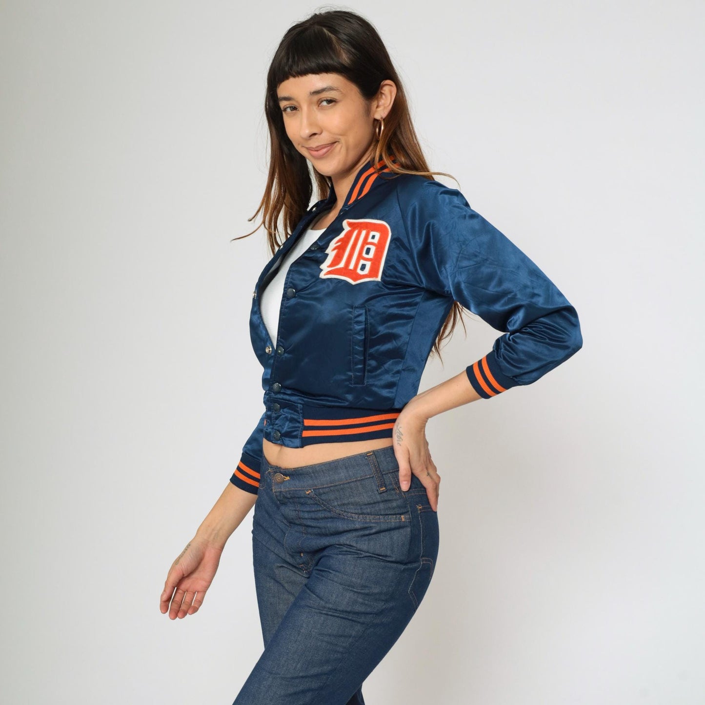 80s Detroit Tigers Satin Bomber Jacket Navy Blue Snap Front Kid's 12