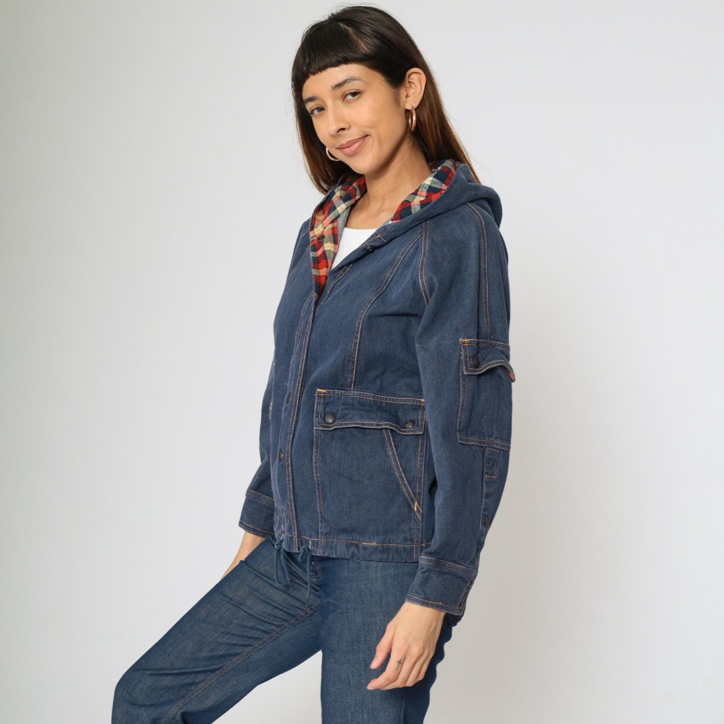 80s Dark Blue Denim Jacket Hooded Plaid Trim Cotton Medium