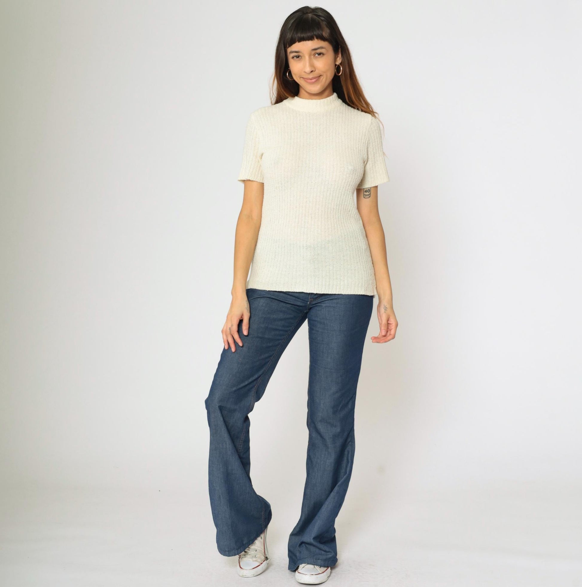 70s Rosanna Cream Ribbed Knit Mock Neck Short Sleeve Top Small Medium