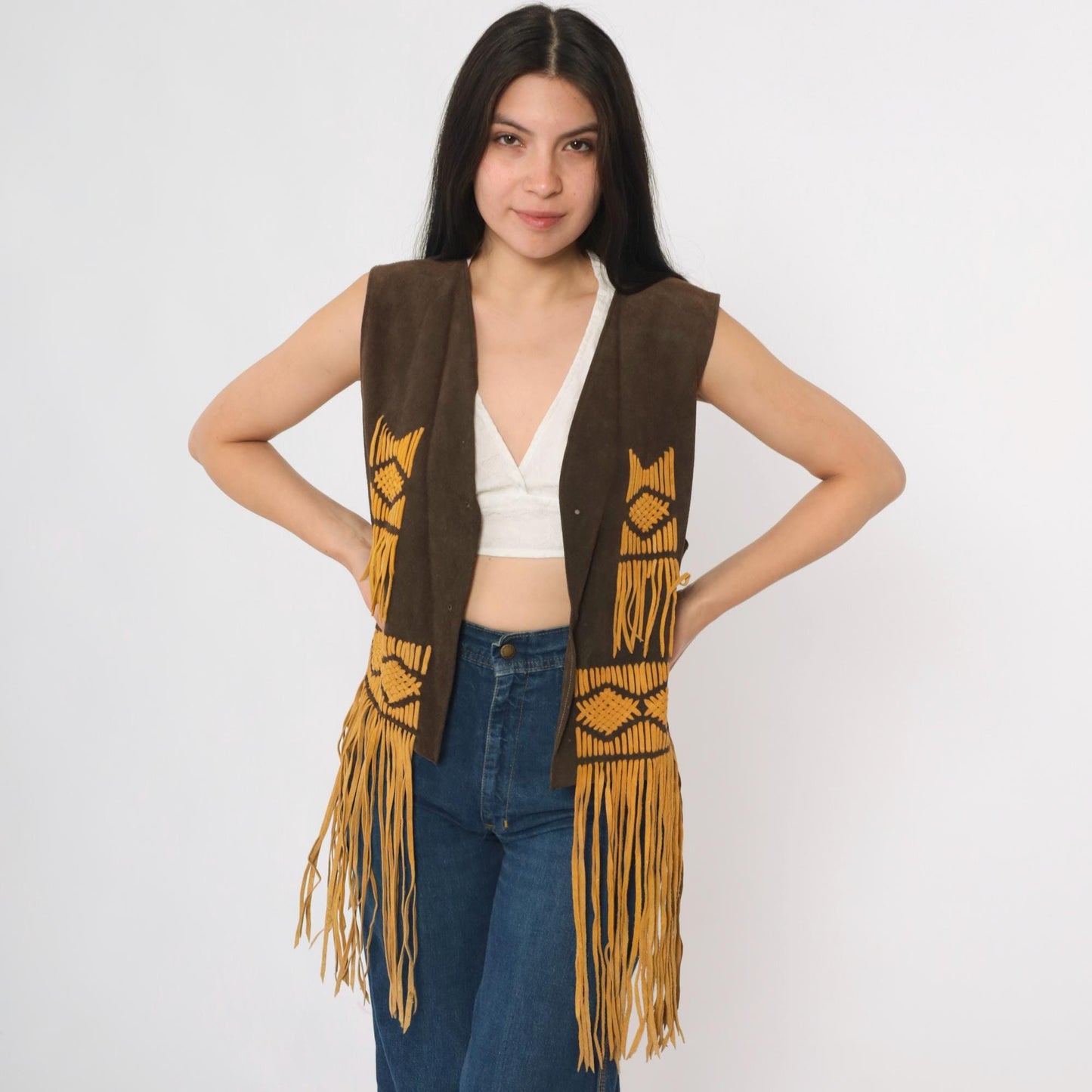 70s Brown Suede Fringe Vest Open Front Tie Sleeveless Medium M