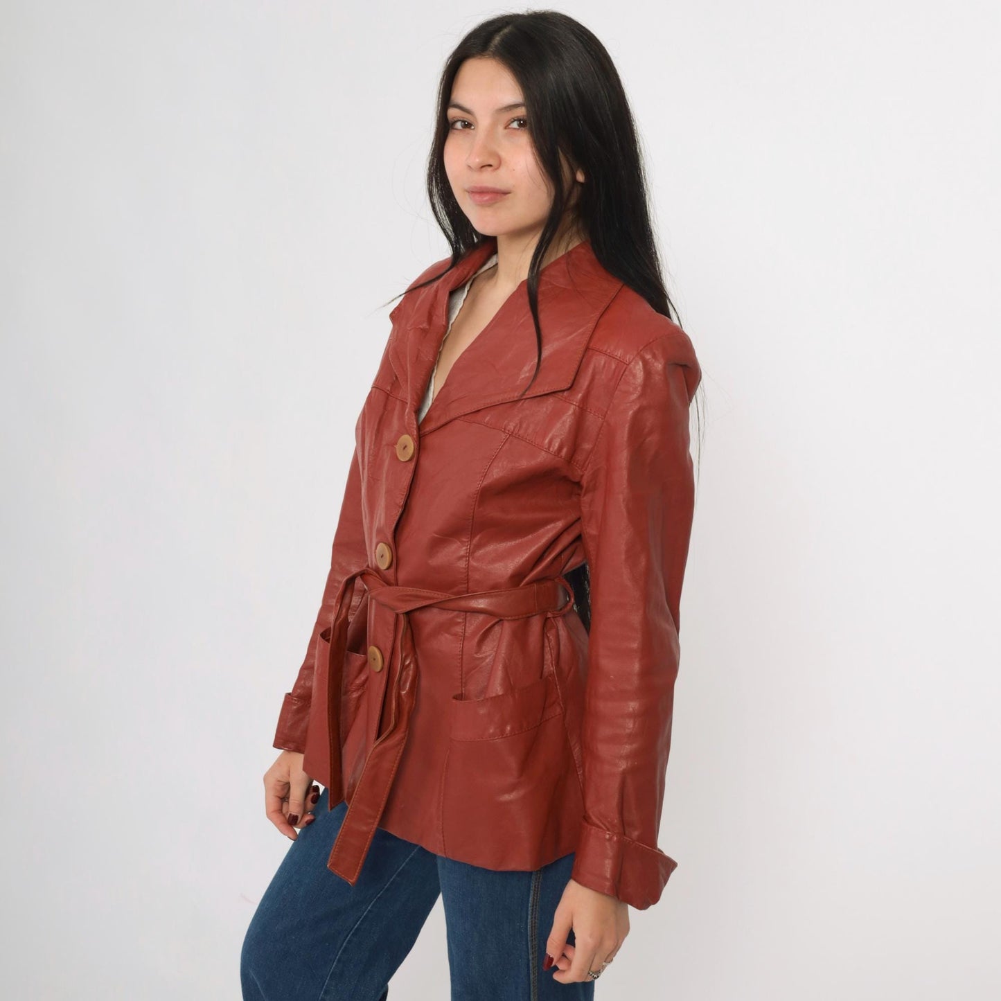 70s Learsi Leather Jacket Brick Red Belted Button-Up Small