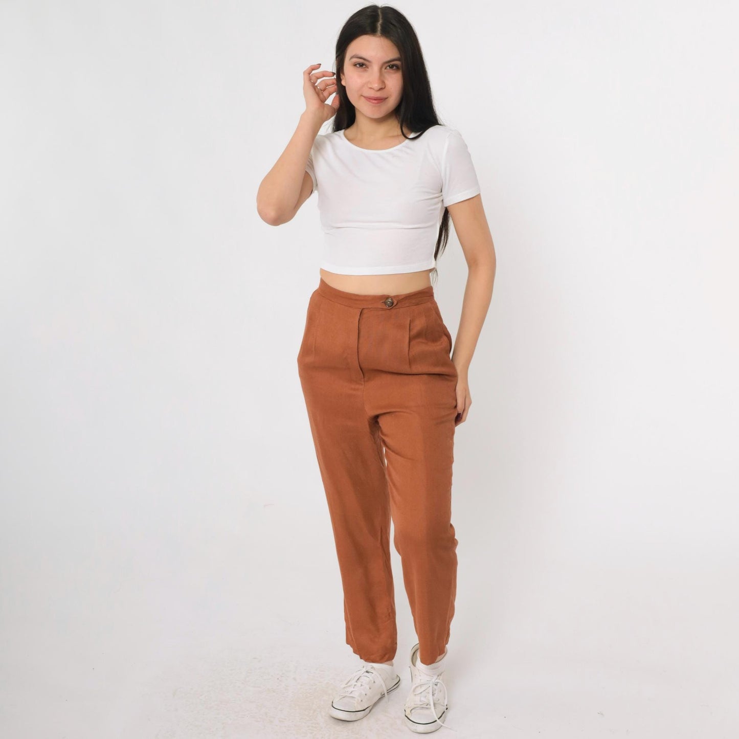 80s Burnt Orange Pleated High-Waist Trousers Straight Leg Small