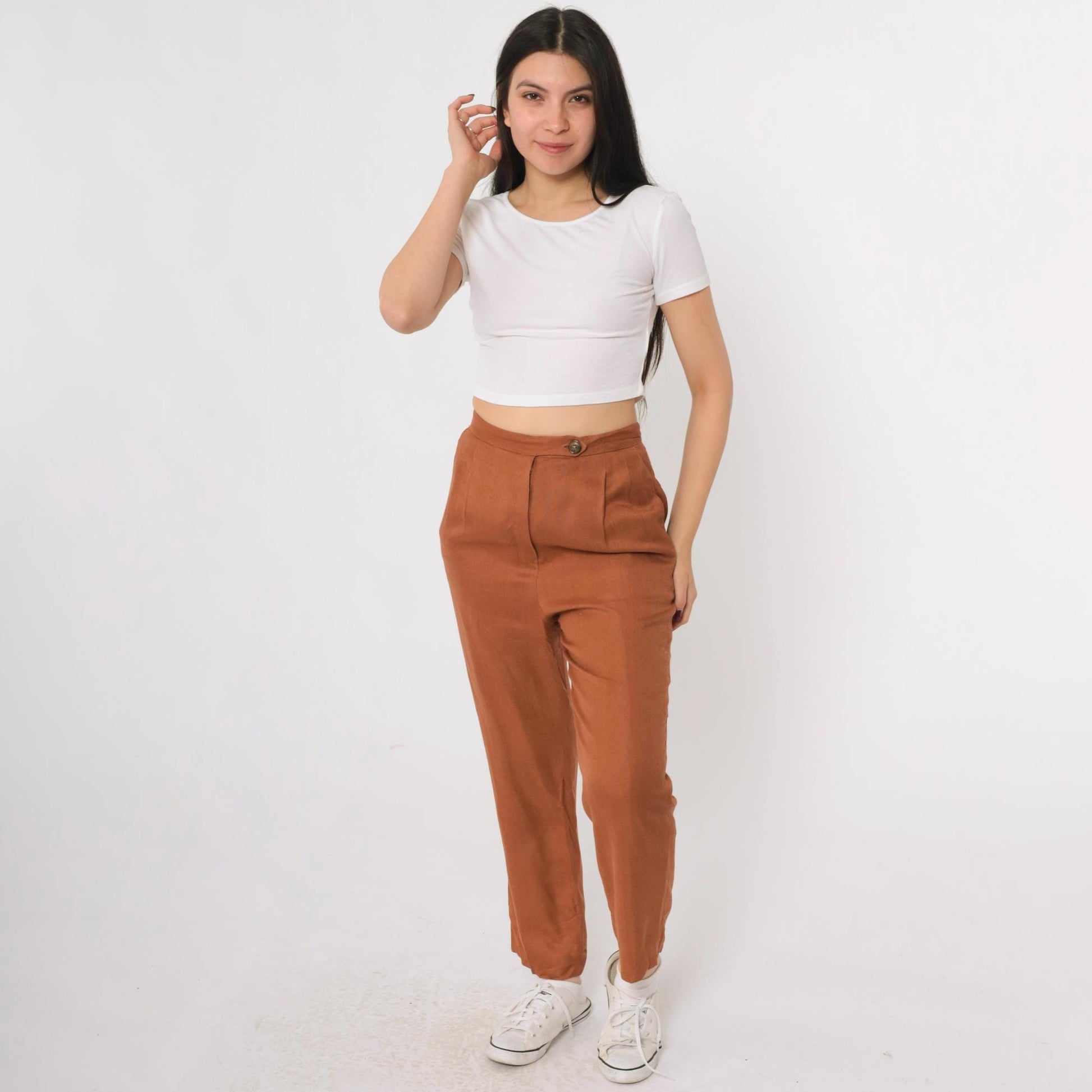 80s Burnt Orange Pleated High-Waist Trousers Straight Leg Small