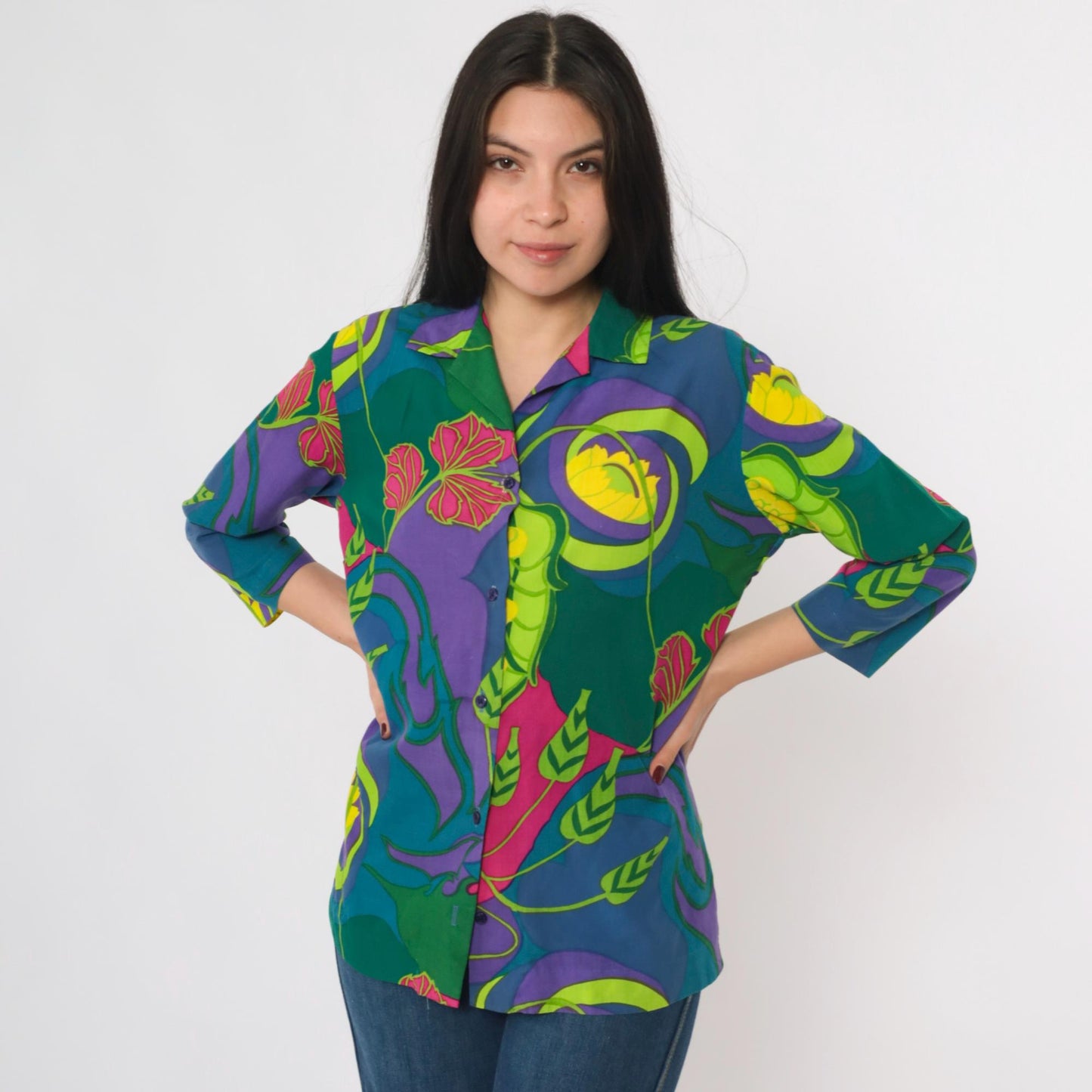 70s Tropical Floral Button-Up Shirt Purple Green Multicolor 3/4 Sleeve Medium M