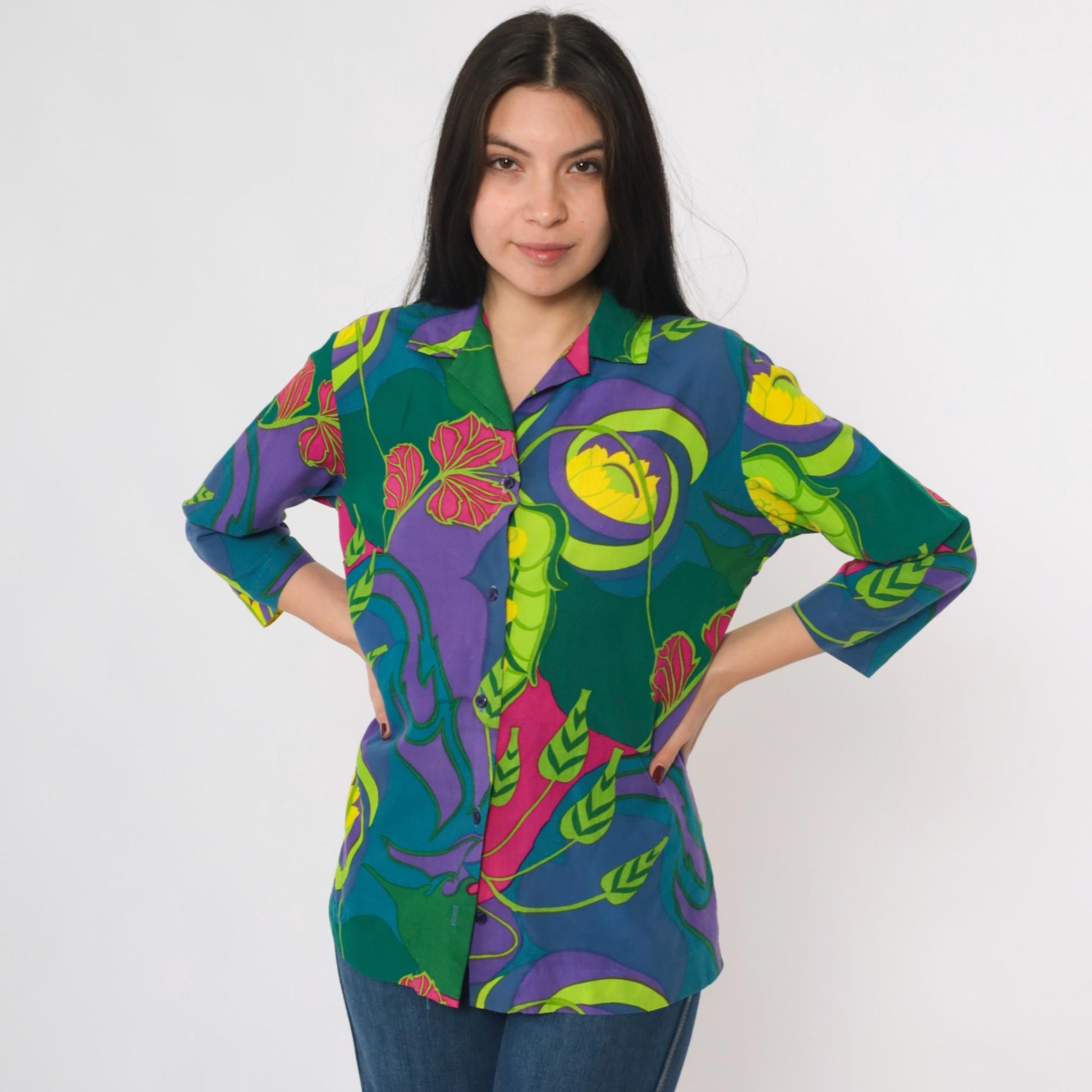 70s Tropical Floral Button-Up Shirt Purple Green Multicolor 3/4 Sleeve Medium M