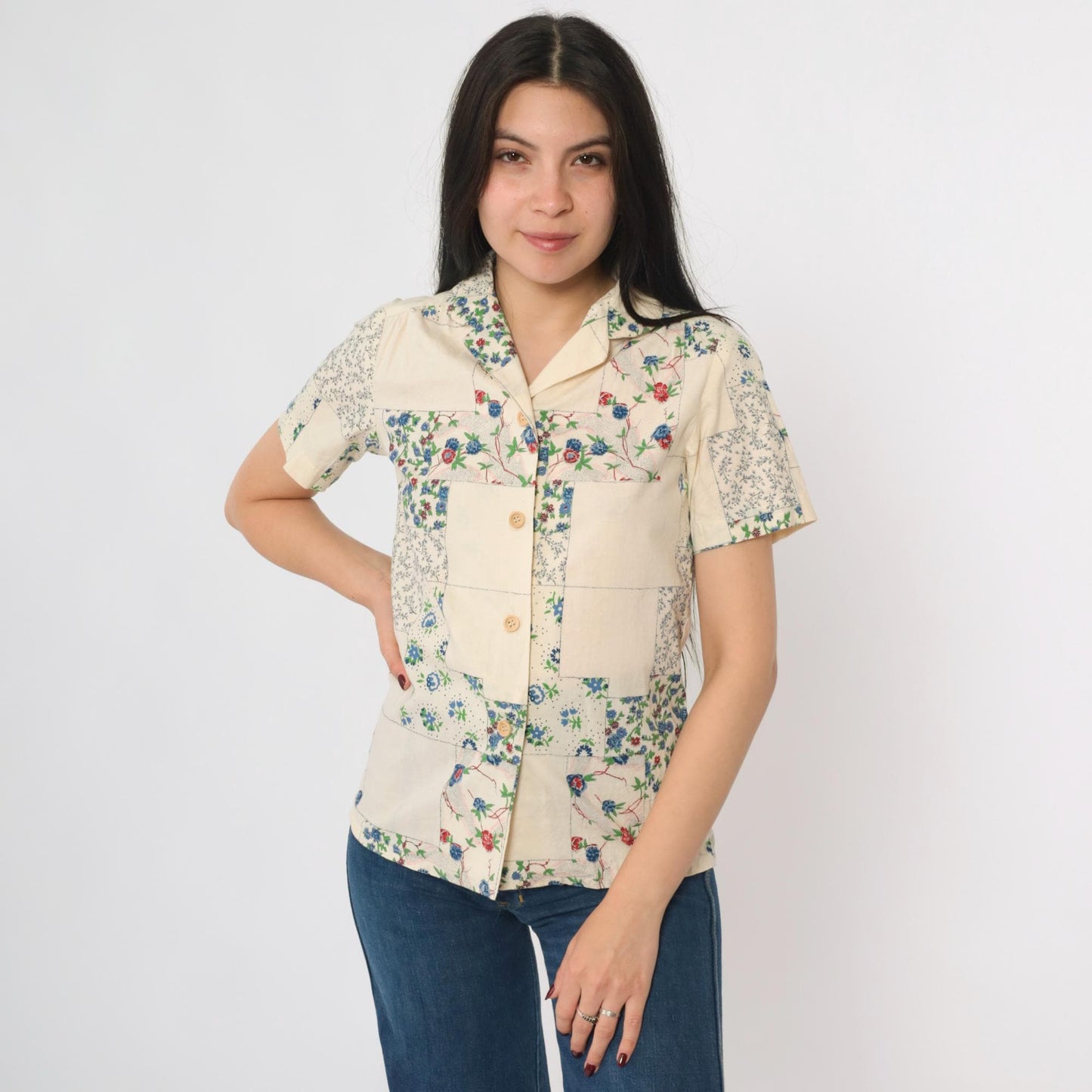 70s Patchwork Floral Cream Button Up Blouse Short Sleeve Collared Extra Small