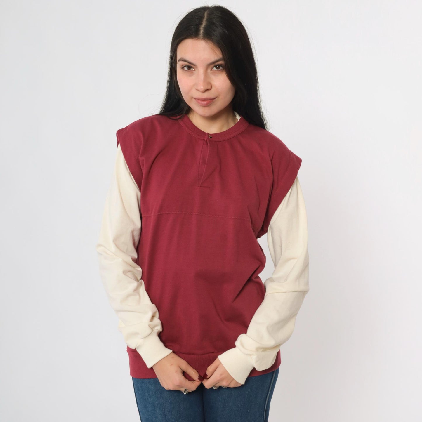 80s Huk-A-Poo Burgundy Cream Snap Neck Sweatshirt Two-Tone Men's Extra Small