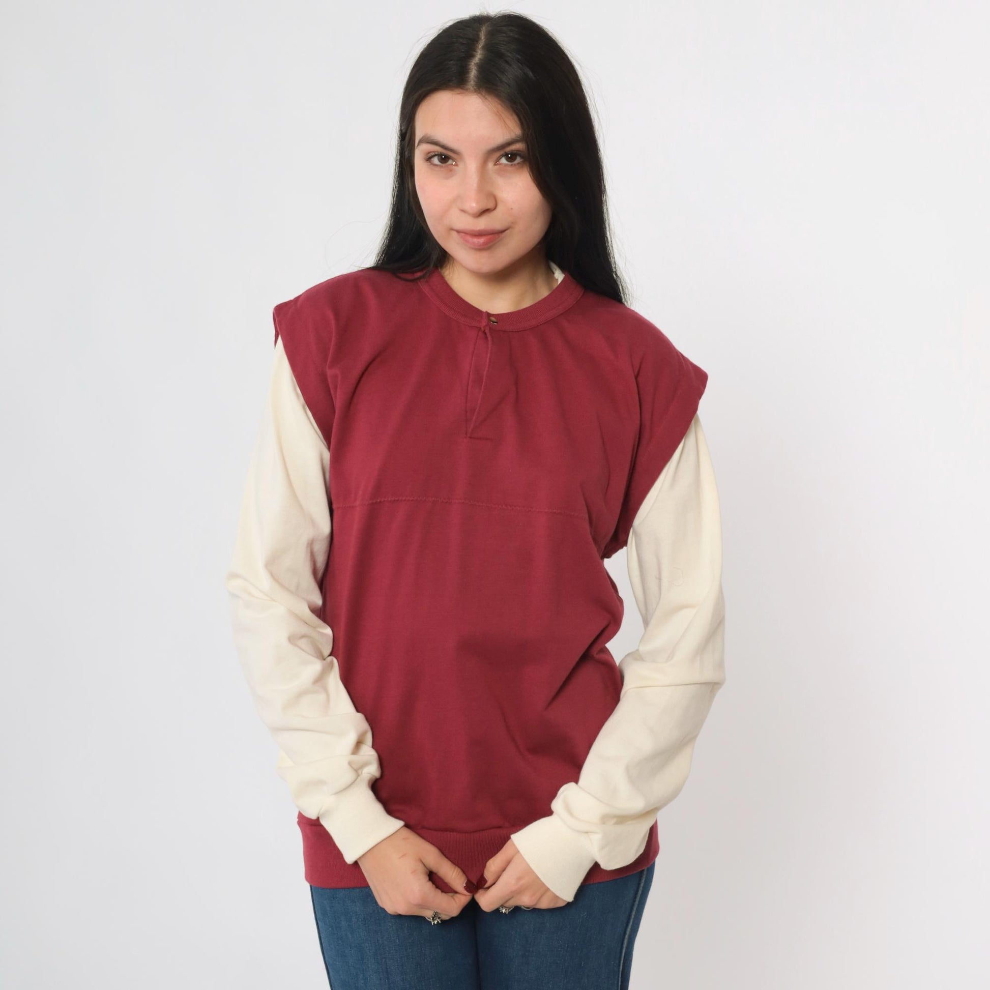 80s Huk-A-Poo Burgundy Cream Snap Neck Sweatshirt Two-Tone Men's Extra Small
