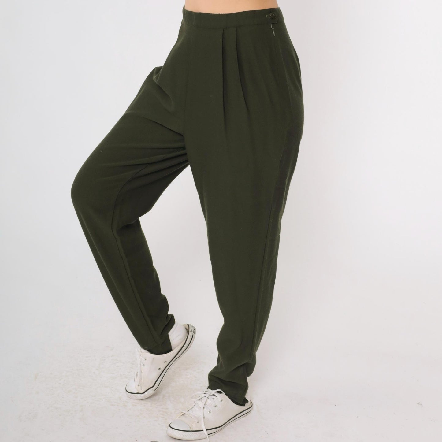 Y2K Lands End Wool Stirrup Trousers Olive Green Pleated High Waist Small 6
