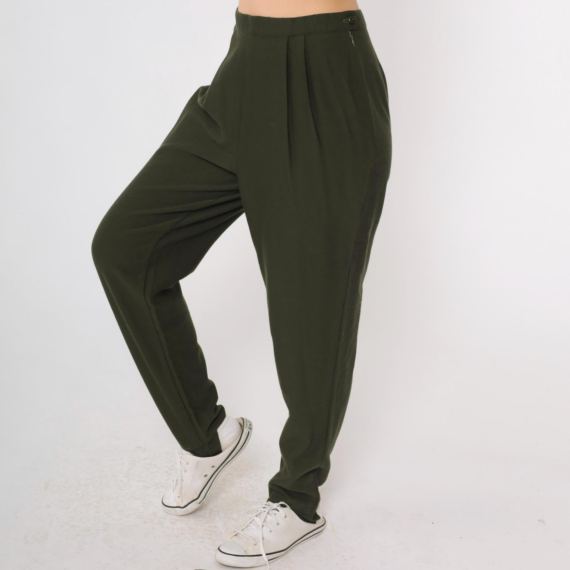 Y2K Lands End Wool Stirrup Trousers Olive Green Pleated High Waist Small 6