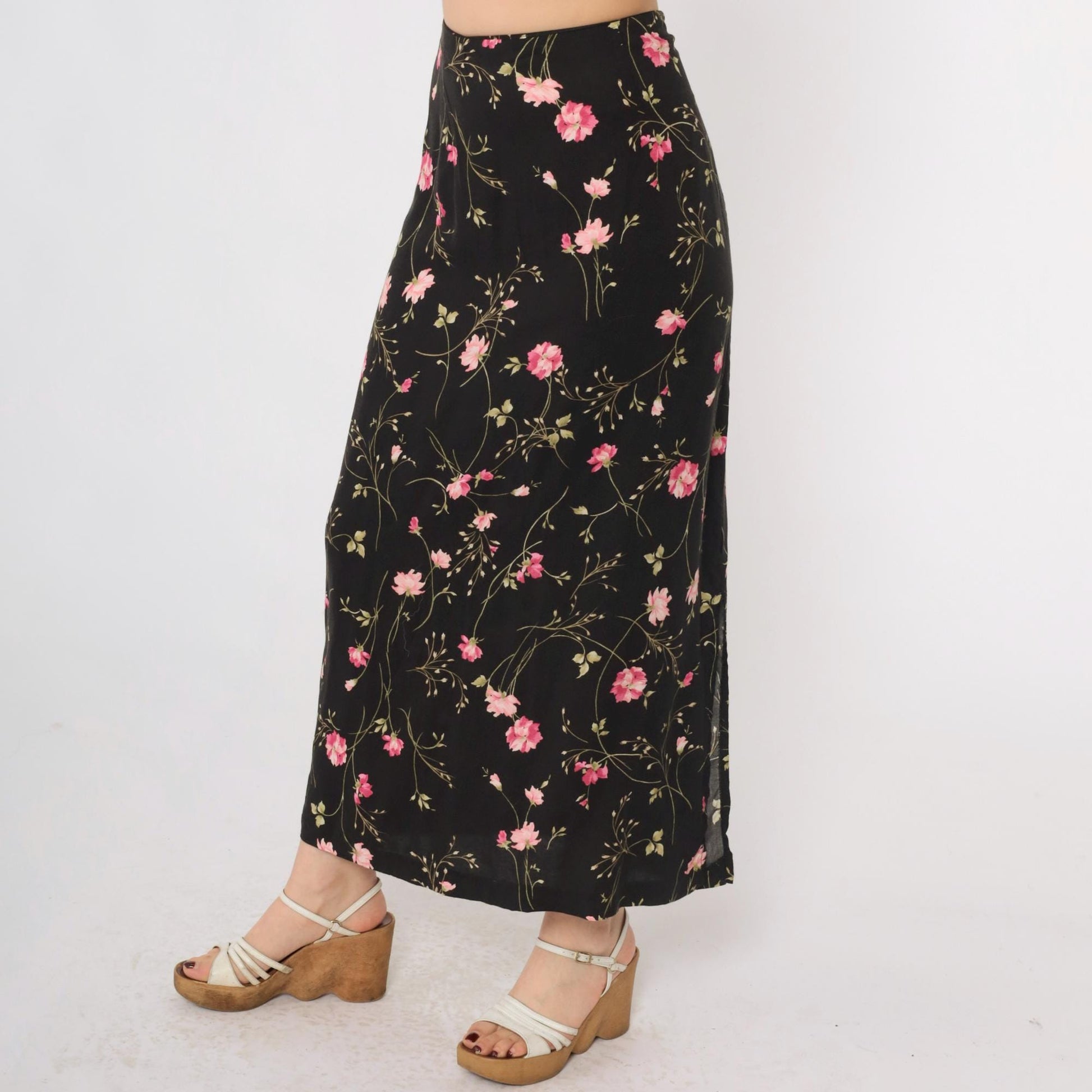 90s Black Floral Rayon Skirt High Waist Ankle Length Extra Large XL